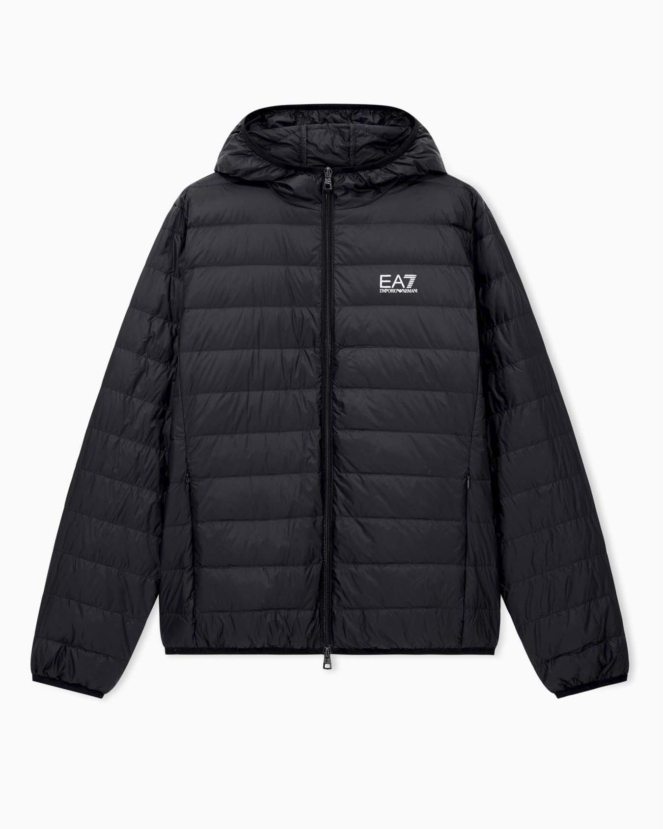 Piumino con cappuccio EA7 nero in piuma con logo stampato