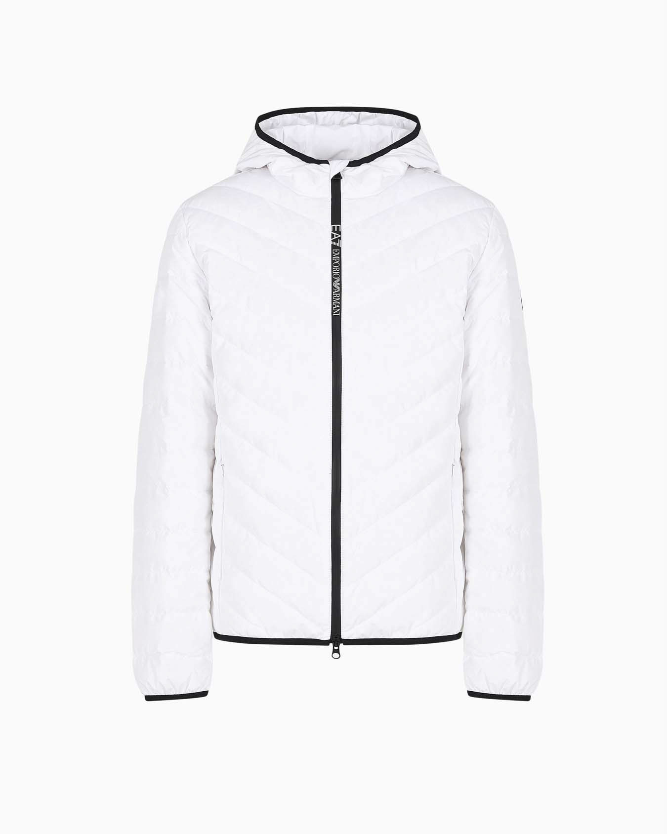 Piumino EA7 bianco con cappuccio e trapuntatura spinata