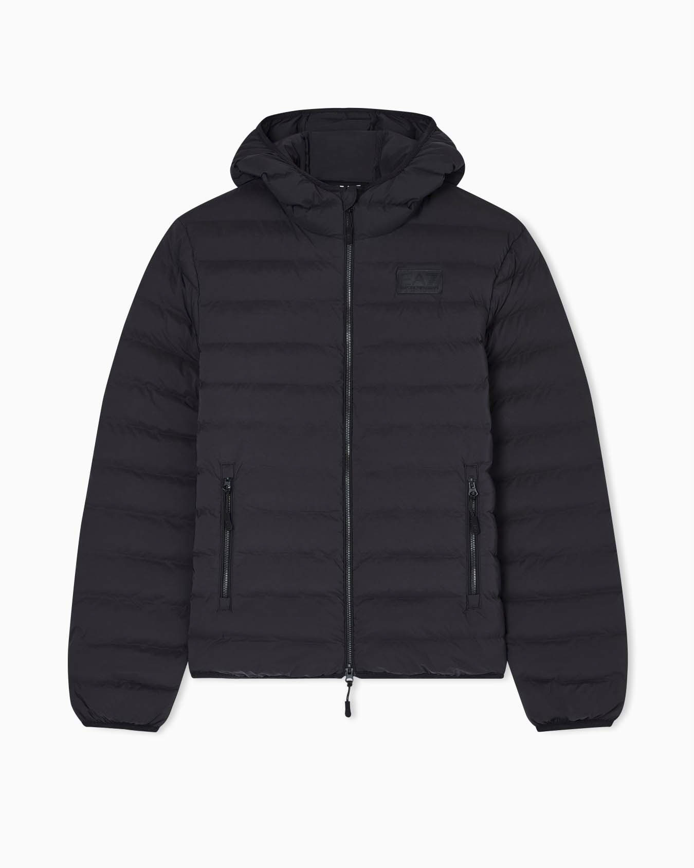 Piumino EA7 nero in tessuto stretch con cappuccio e patch logo applicata