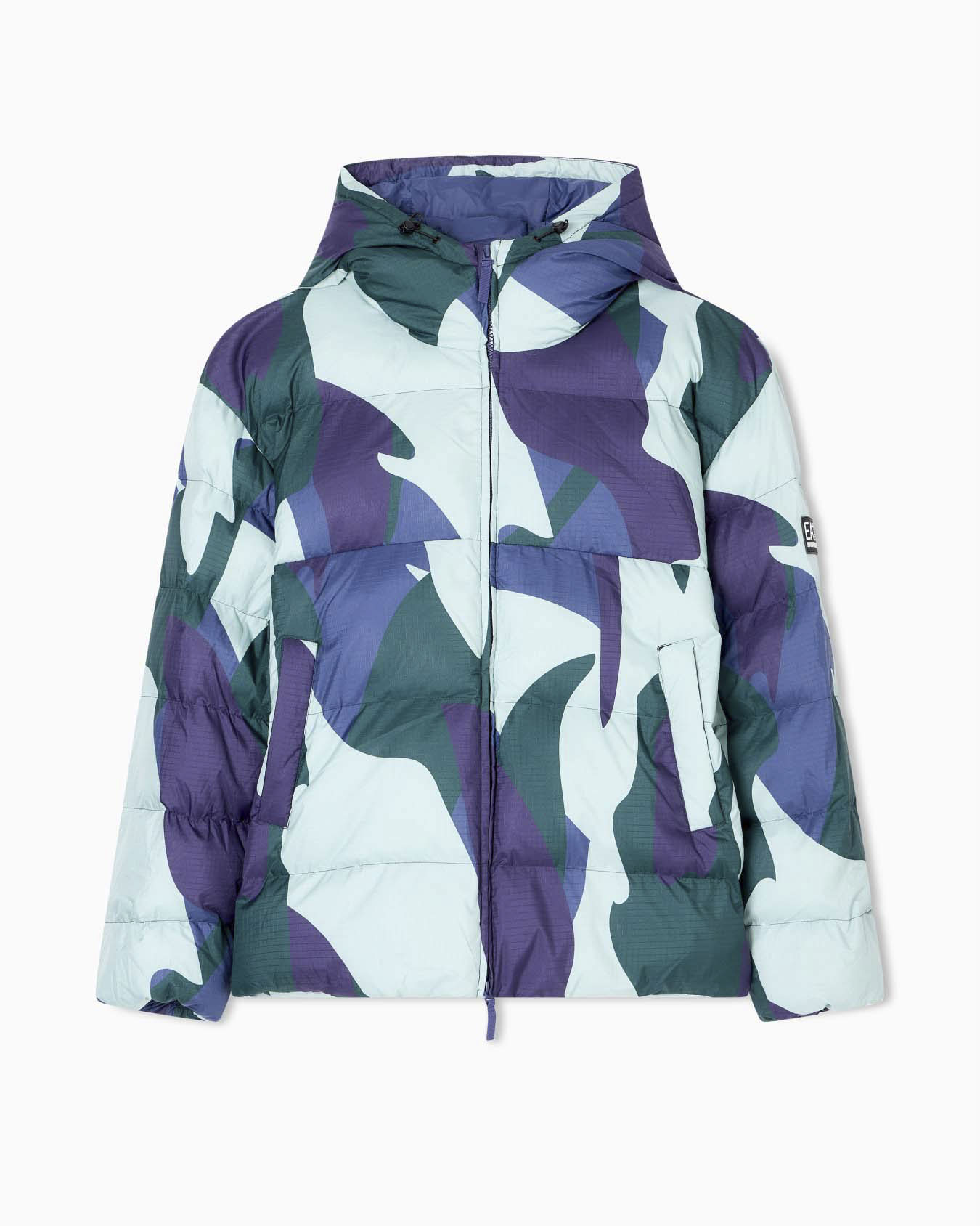 Piumino con cappuccio multicolore in tessuto tecnico con stampa camouflage