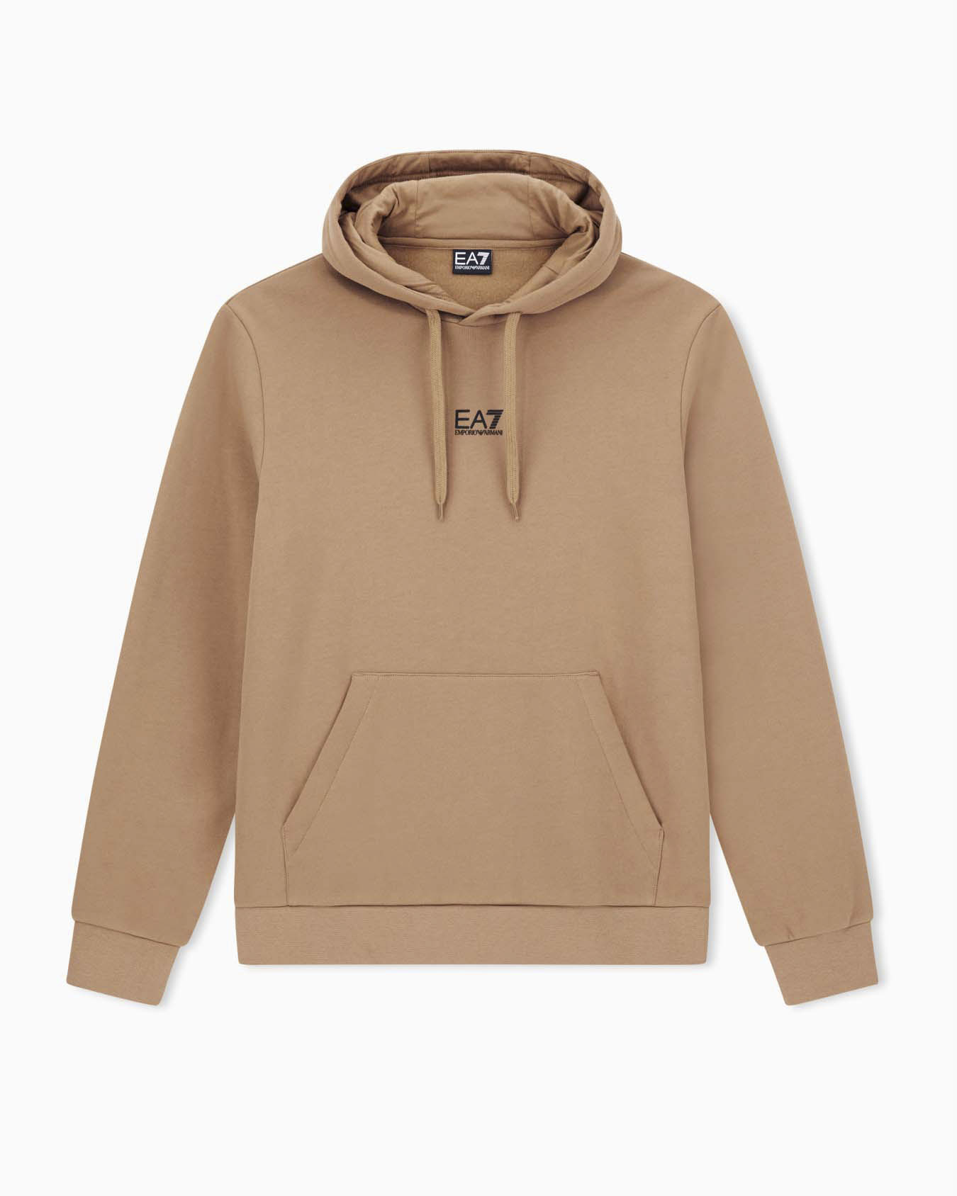 Felpa EA7 cammello con cappuccio in cotone con logo bianco gommato stampato sul petto