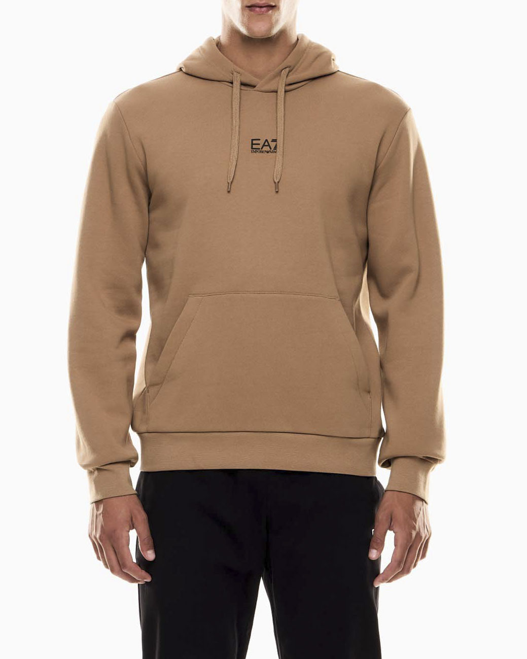 Felpa EA7 cammello con cappuccio in cotone con logo bianco gommato stampato sul petto image