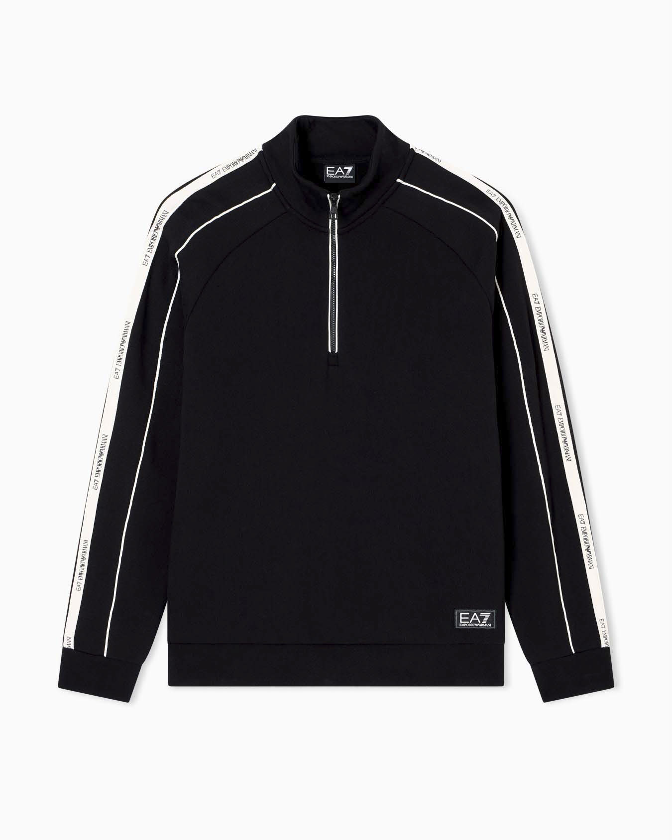 Felpa con apertura a mezza zip EA7 nera in misto cotone con bande logo stampate sulle maniche