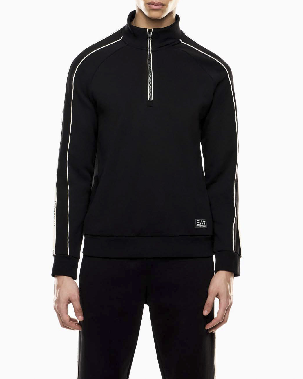 Felpa con apertura a mezza zip EA7 nera in misto cotone con bande logo stampate sulle maniche image