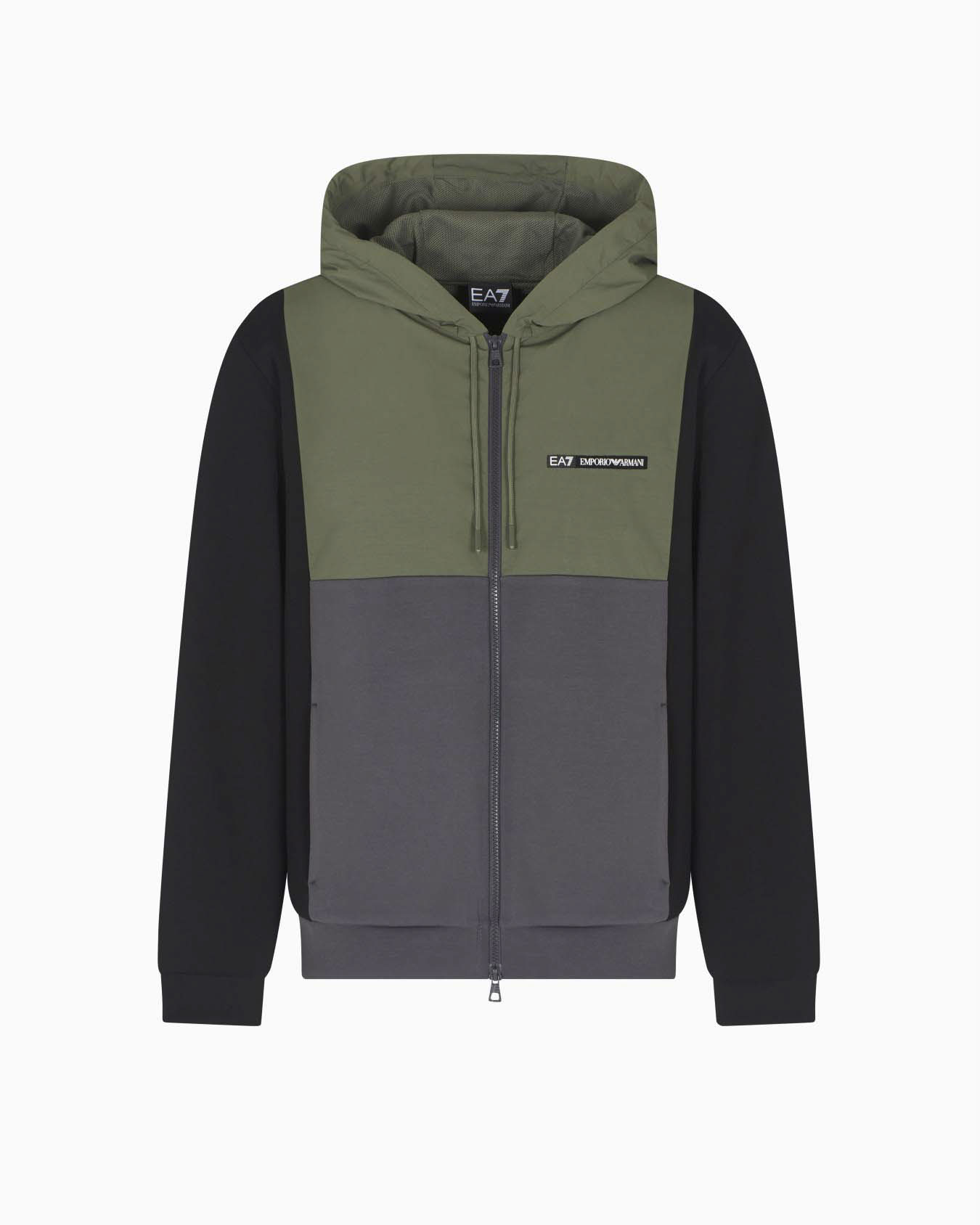 Felpa con cappuccio e zip EA7 color block in misto viscosa stretch con logo stampato