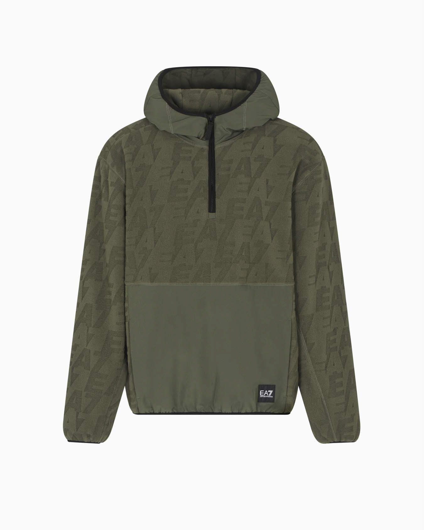 Felpa con cappuccio e zip EA7 verde militare in pile con logo jacquard all over