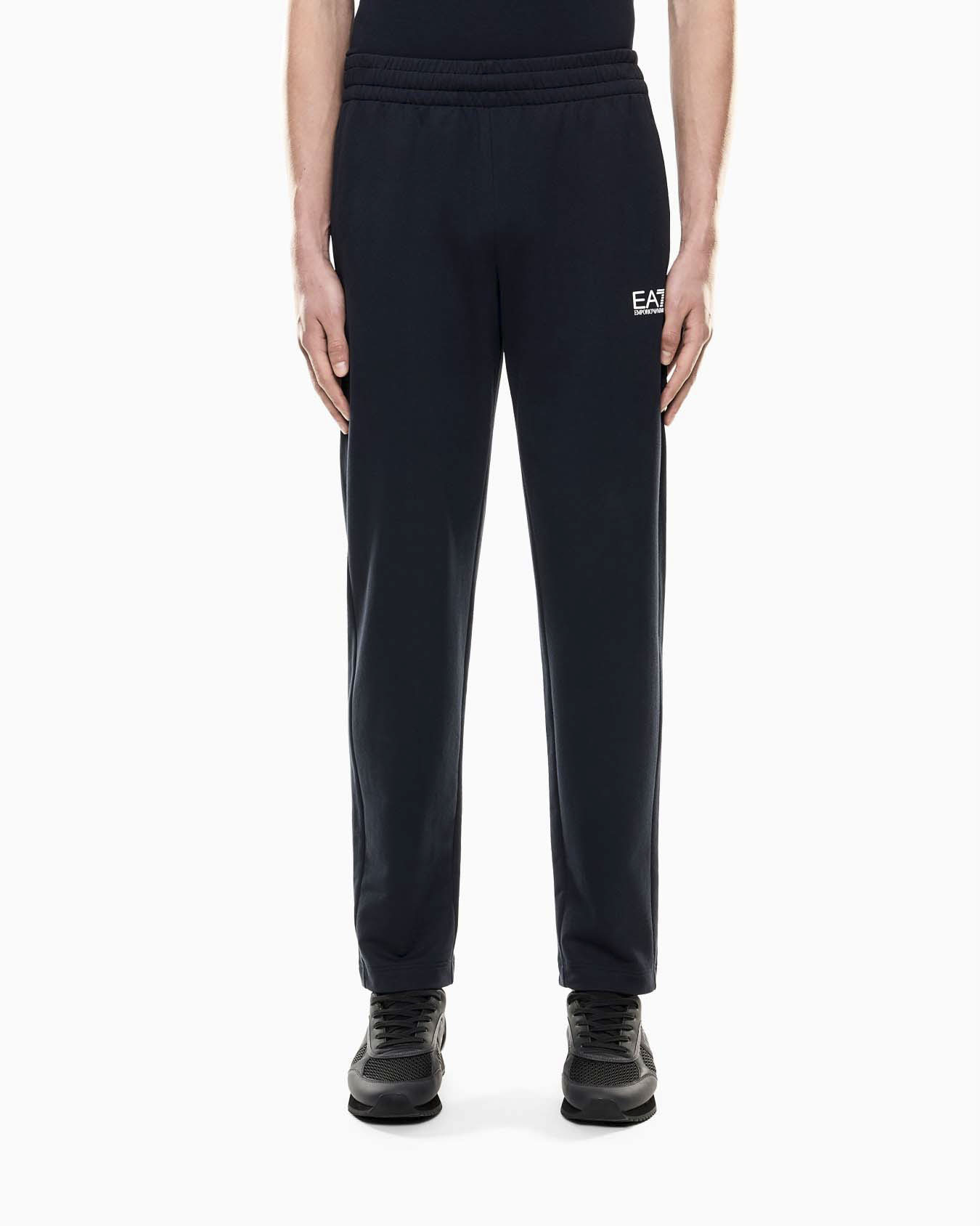 Pantaloni EA7 blu in felpa di cotone con logo stampato