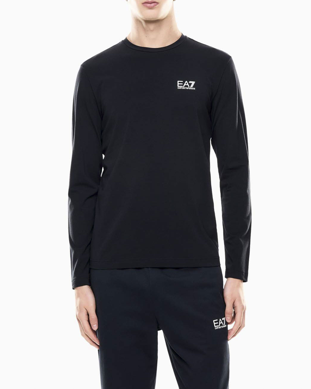 T-shirt EA7 blu manica lunga in cotone stretch con logo bianco sul petto image