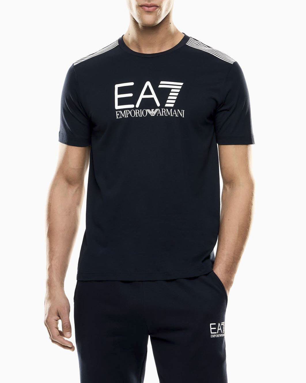 T-shirt mezza manica blu in cotone con stampa logo frontale e dettagli a righe