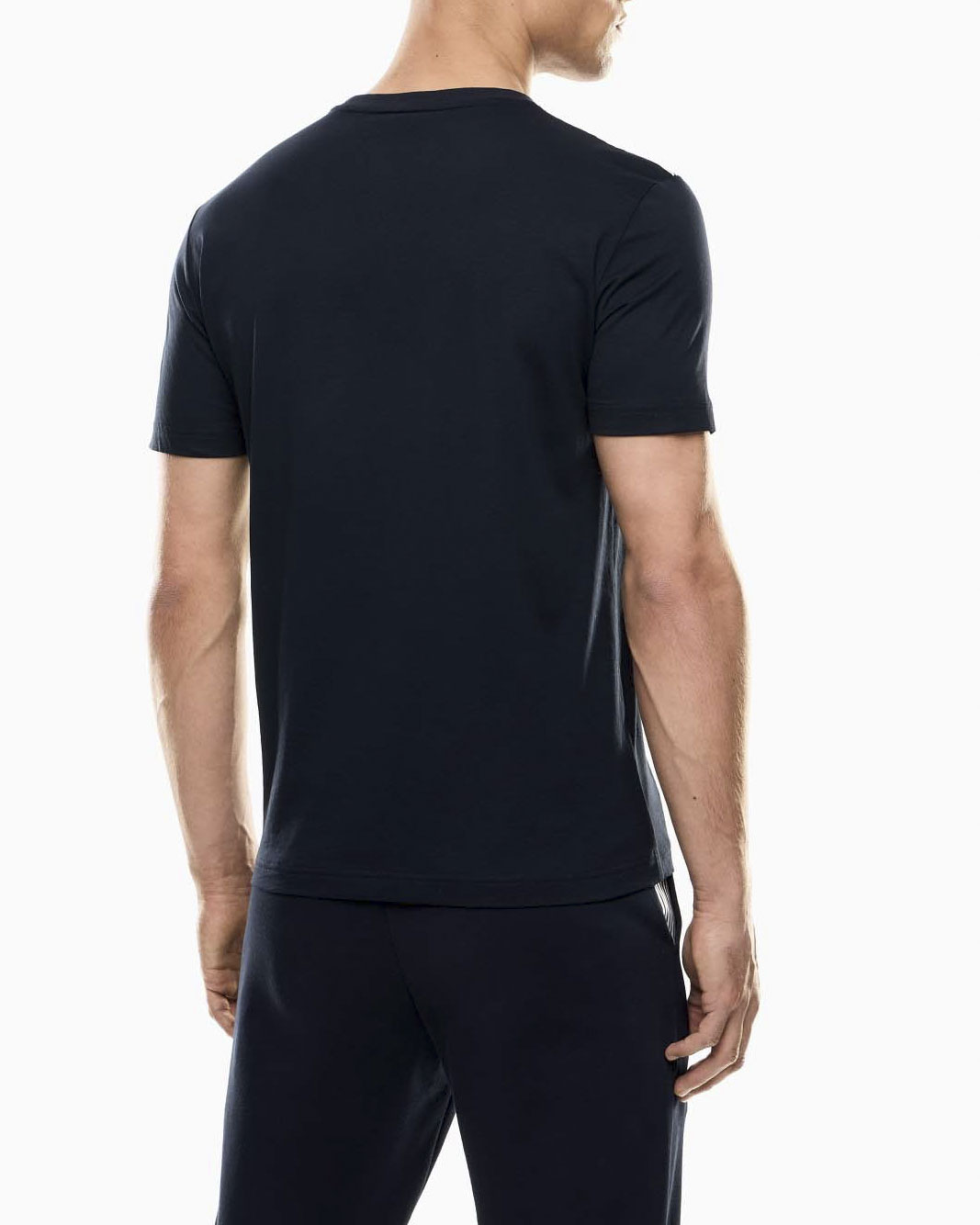 T-shirt mezza manica EA7 blu in cotone con stampa logo frontale e dettagli a righe image