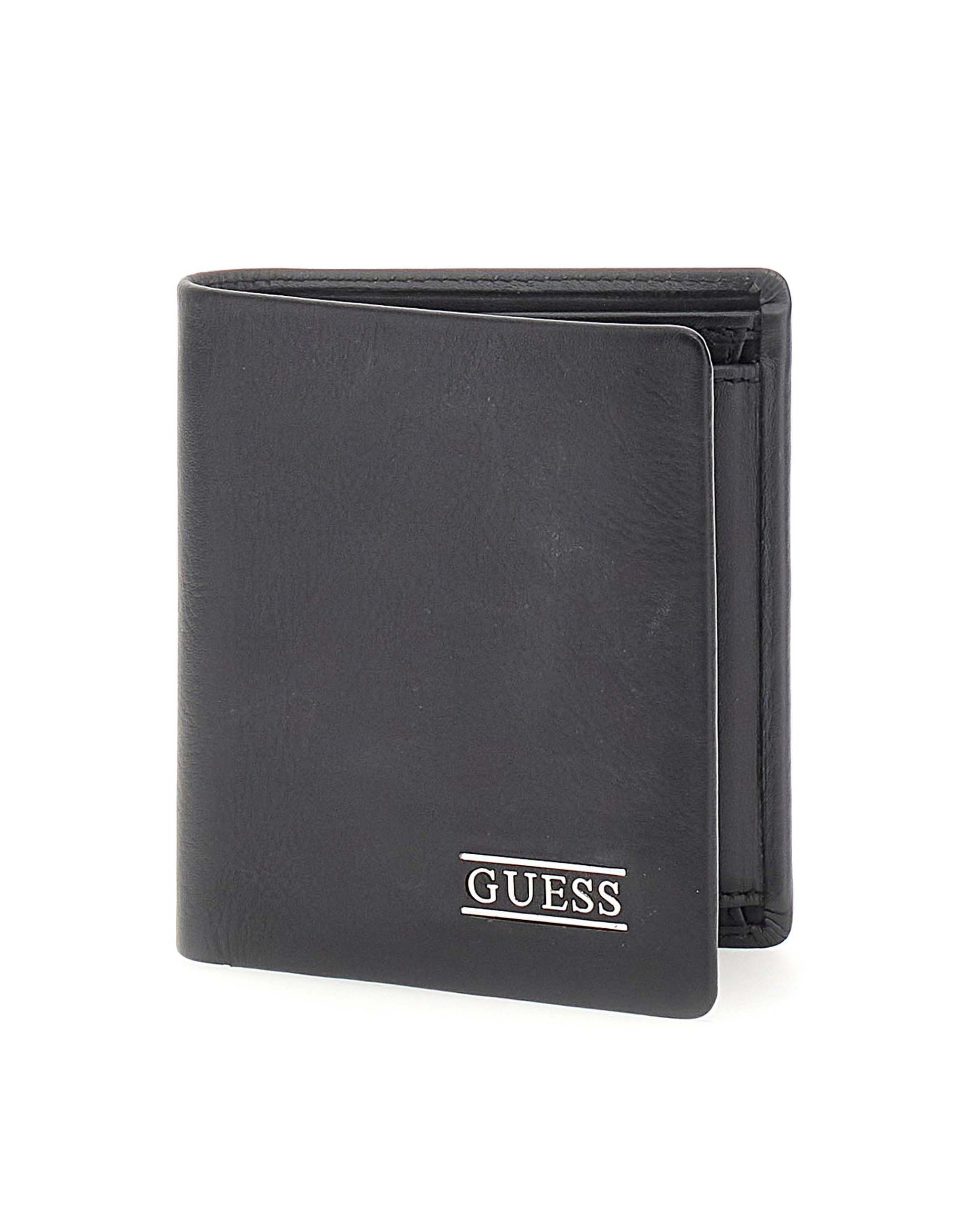 Portafoglio Guess nero in pelle con logo metallico frontale