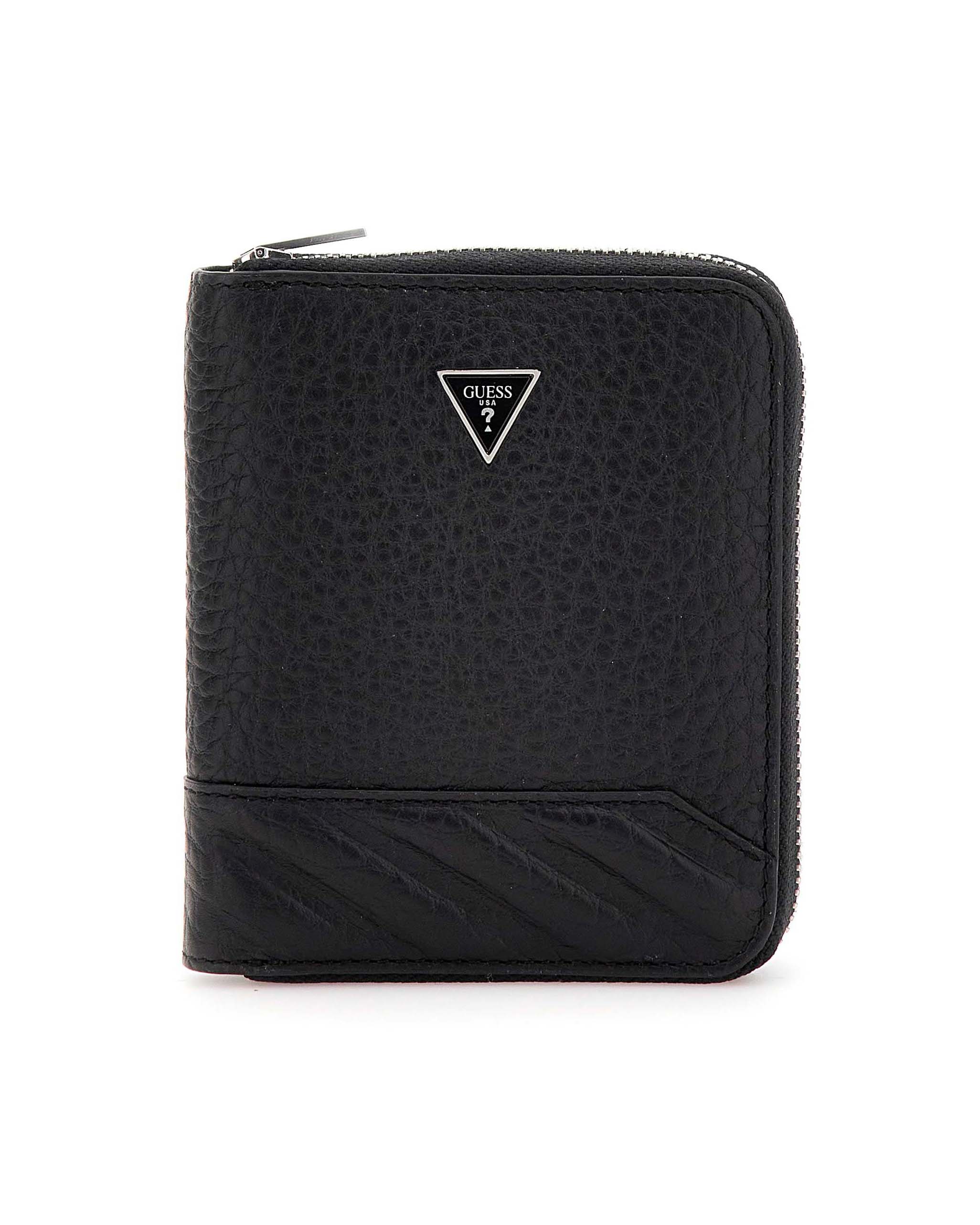 Portafoglio Guess nero in pelle con logo metallico frontale e chiusura zip