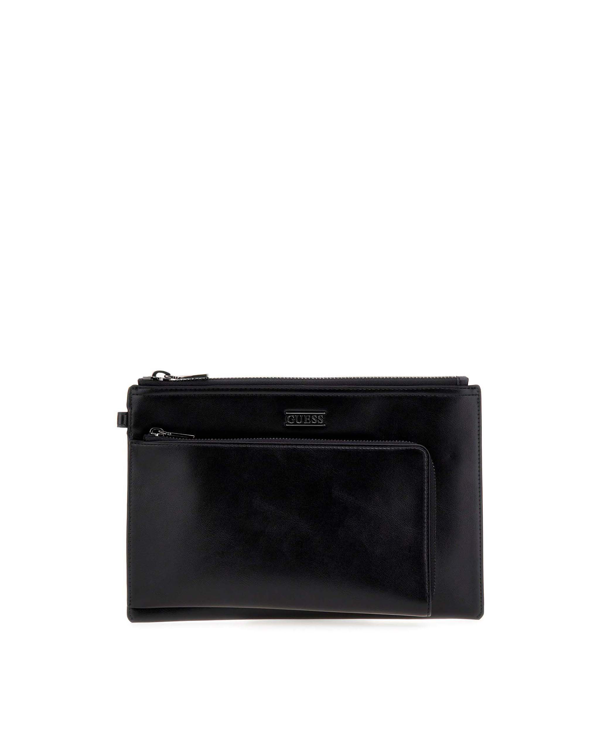 Borsa a bustina Guess nera in similpelle con logo applicato metallico