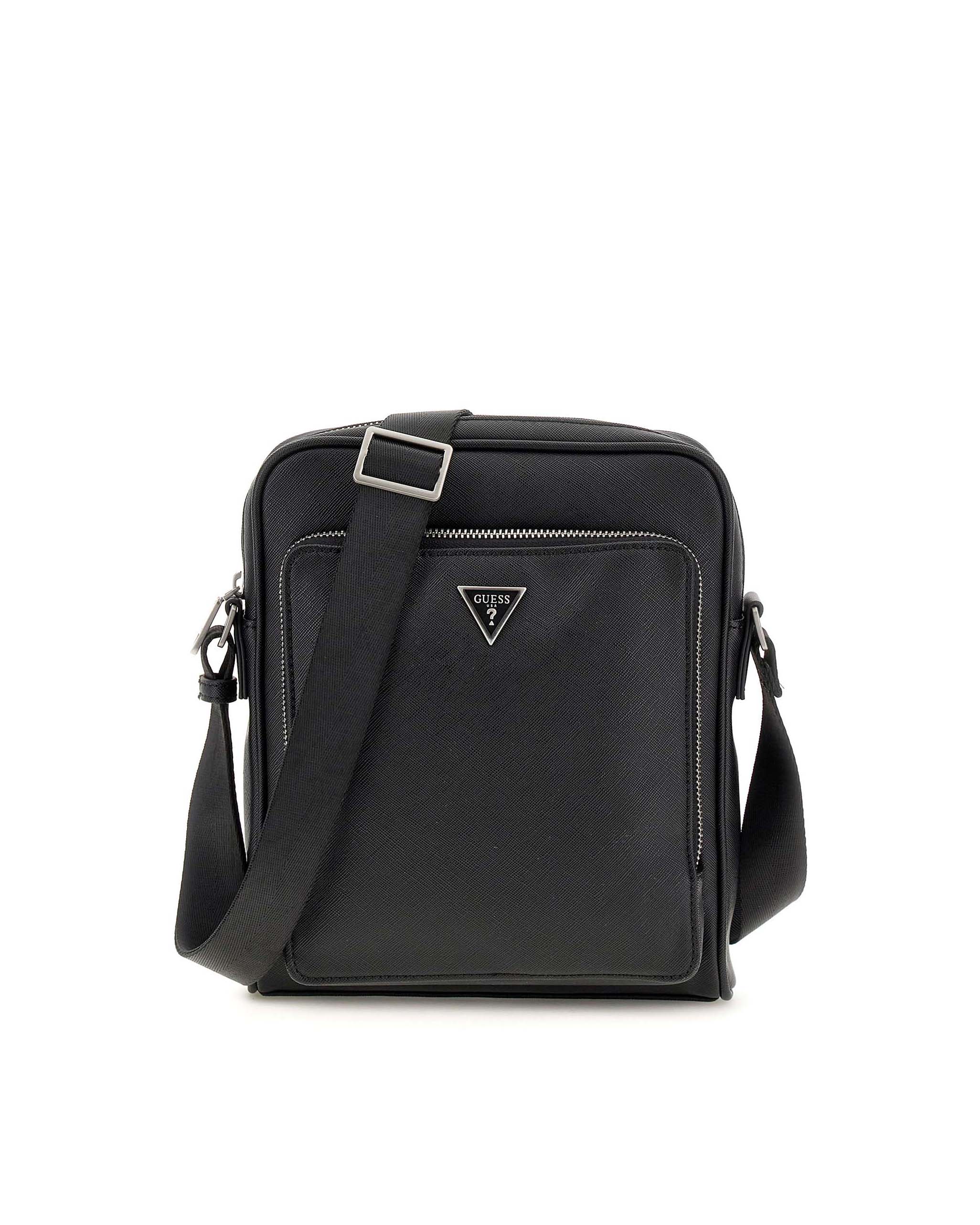 Borsa a tracolla Guess nera in similpelle saffiano con logo applicato