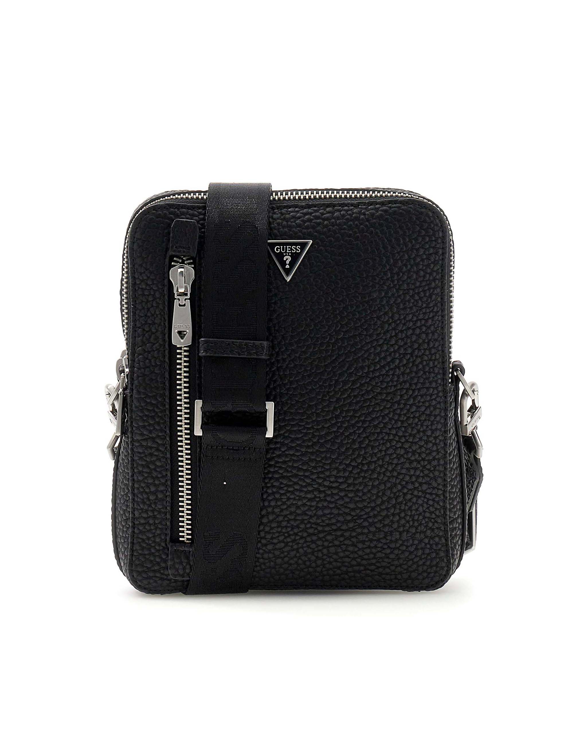 Borsa a tracolla Guess nera in similpelle con logo applicato e doppia zip