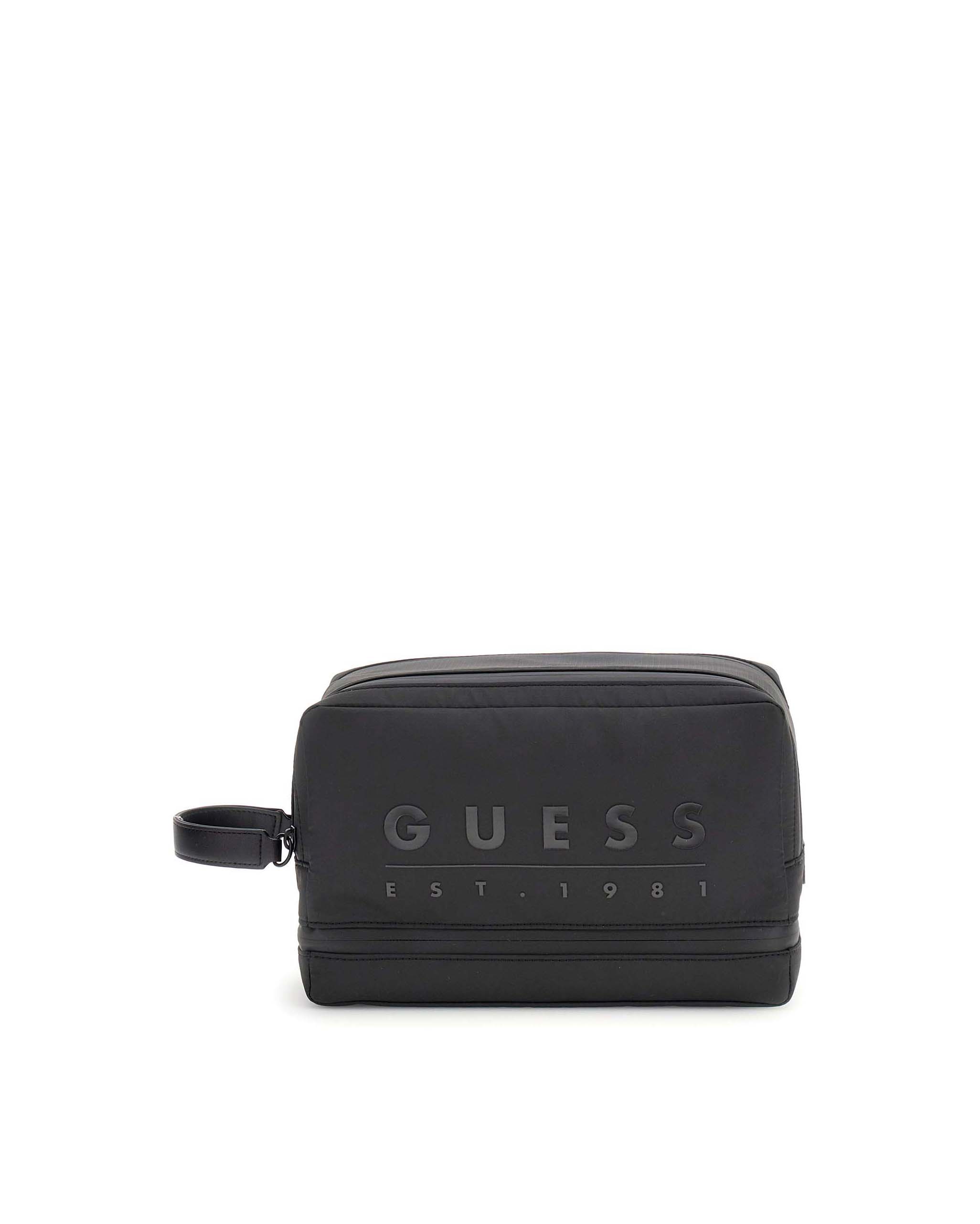 Borsa beauty Guess nera in similpelle con logo stampato frontalmente