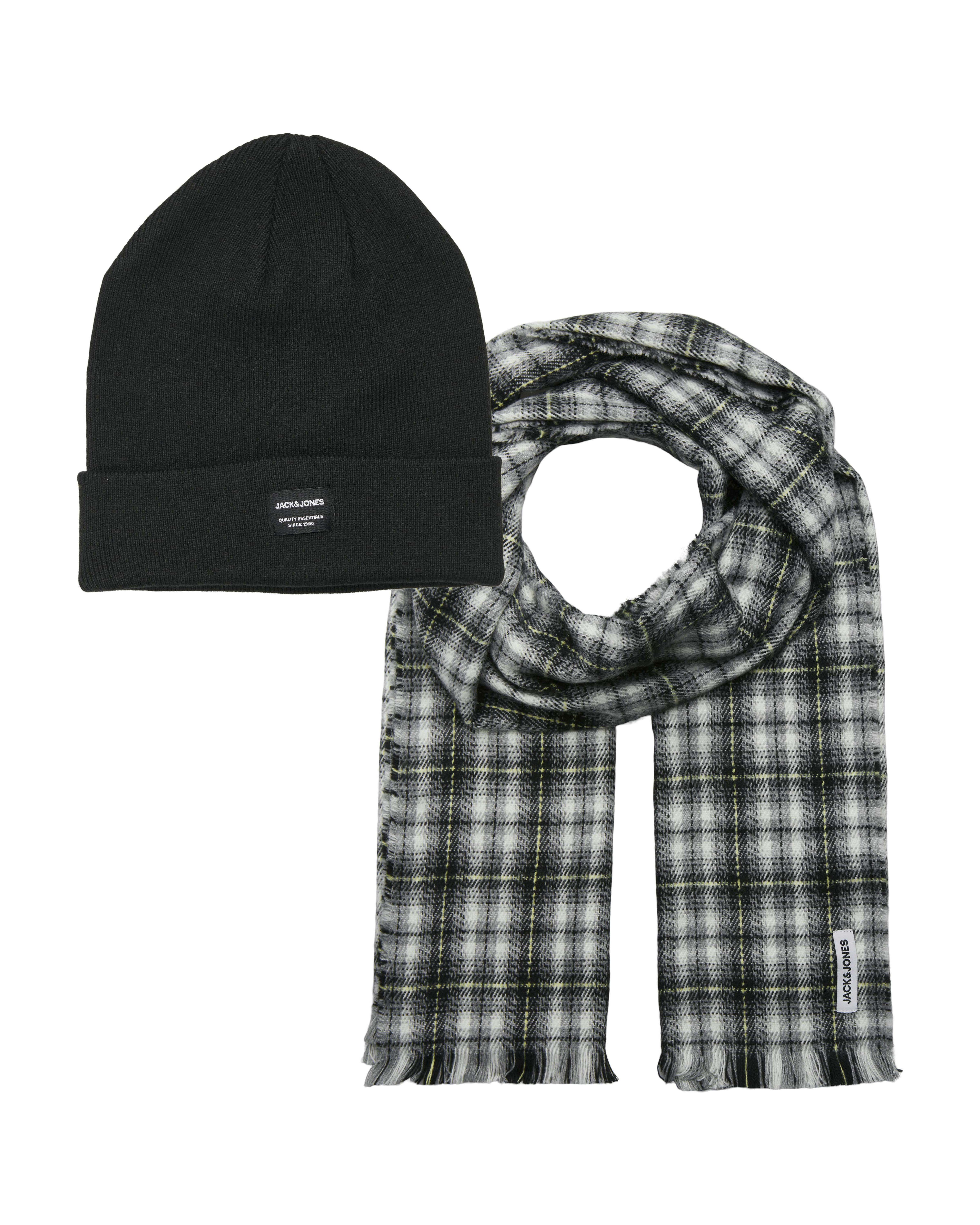 Set regalo Jack & Jones nero in misto cotone con berretto e sciarpa a quadri