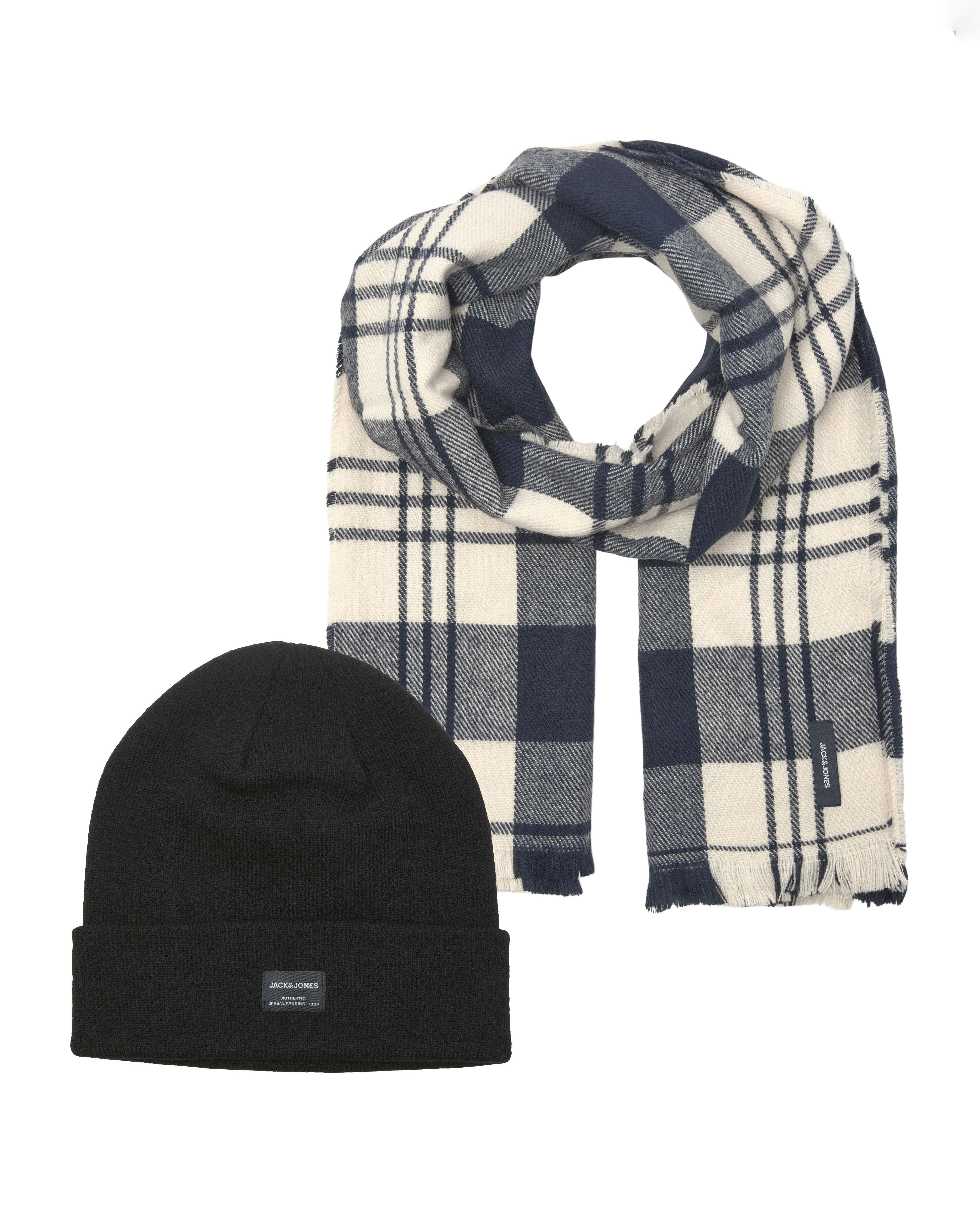 Set regalo berretto Jack & Jones blu con logo e sciarpa a quadri