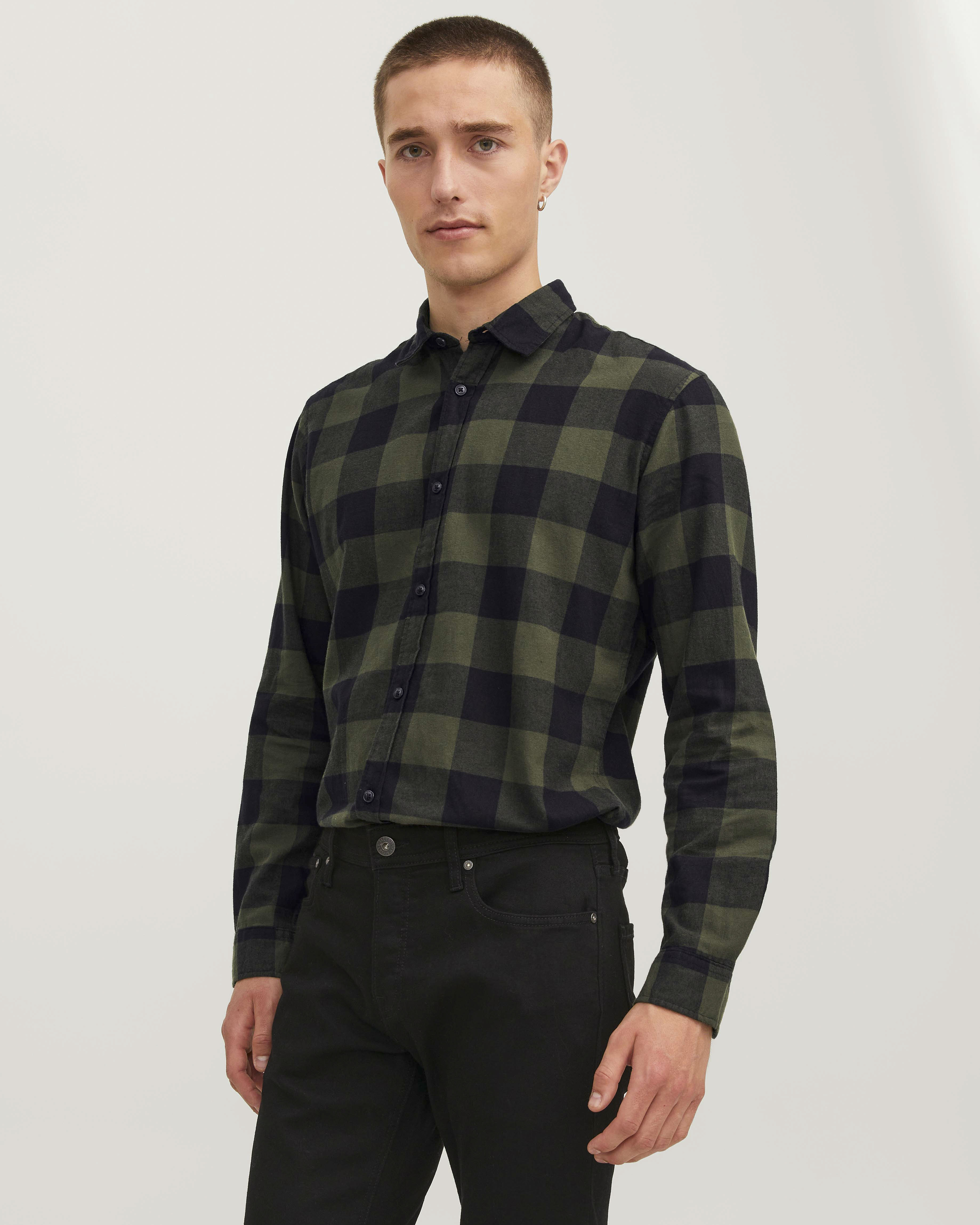 Camicia Jack & Jones buffalo check verde militare e nero in flanella di cotone