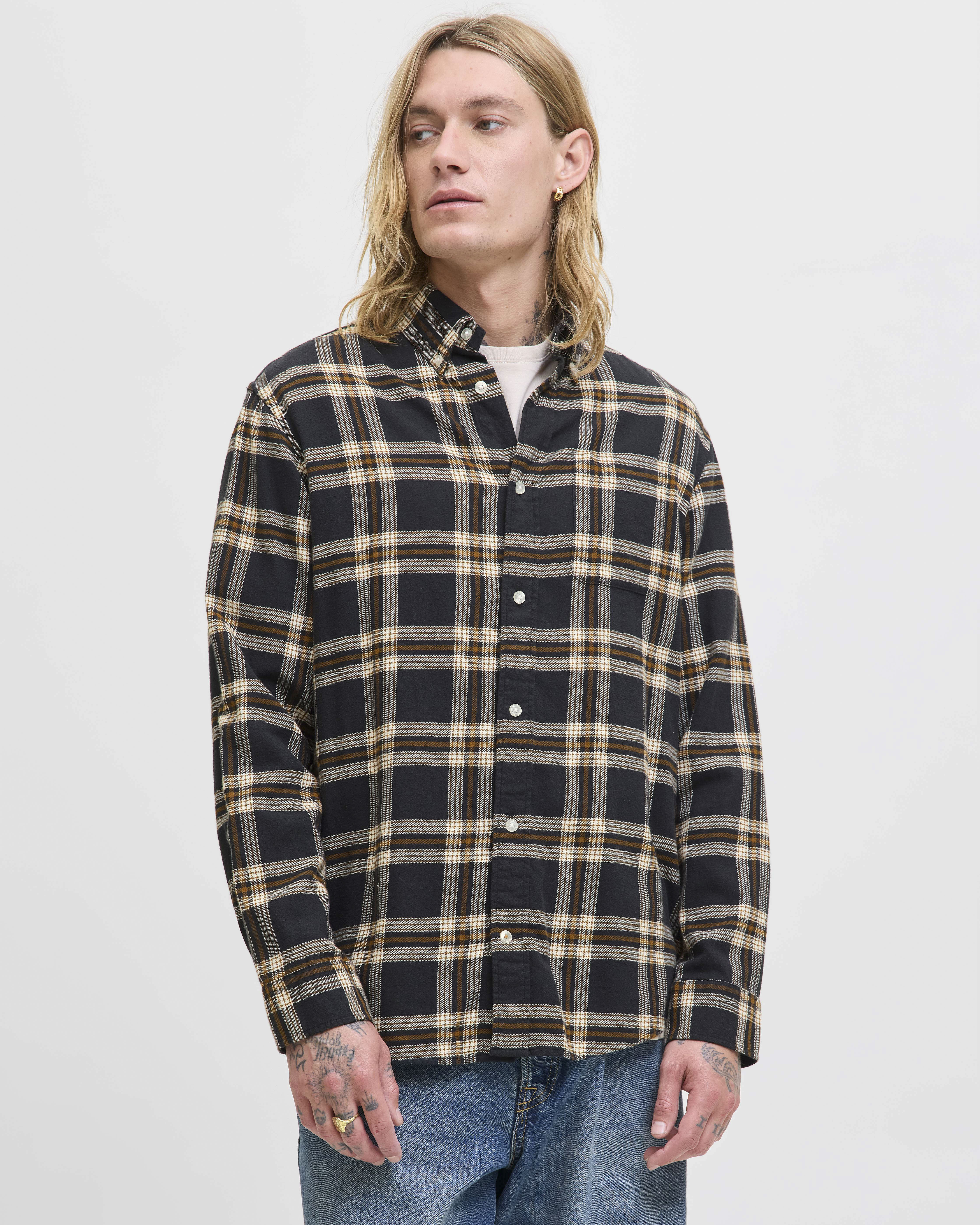 Camicia a quadri Jack & Jones nera e coccio in flanella di cotone biologico