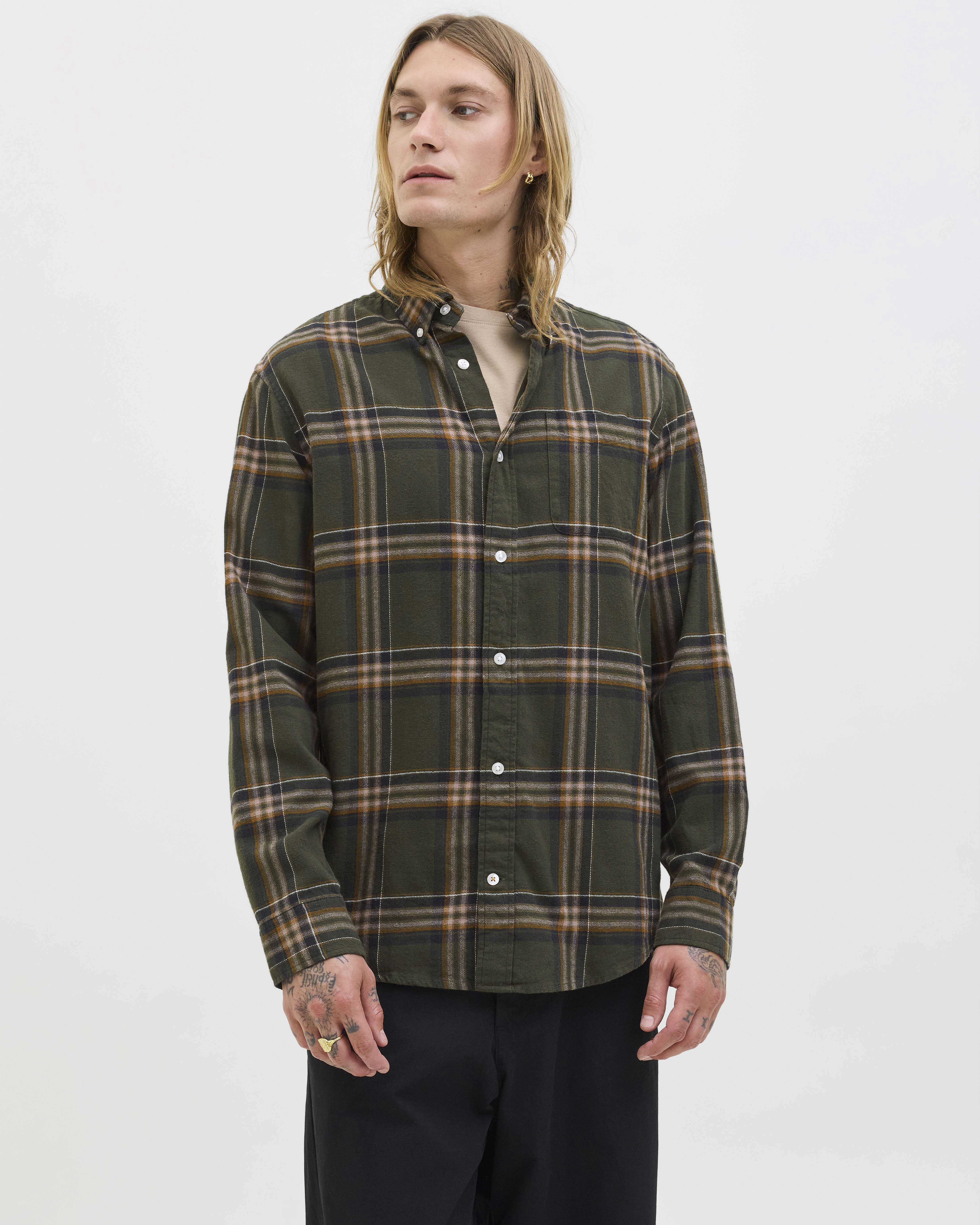 Camicia Jack & Jones verde militare e coccio a quadri in flanelle di misto cotone biologico