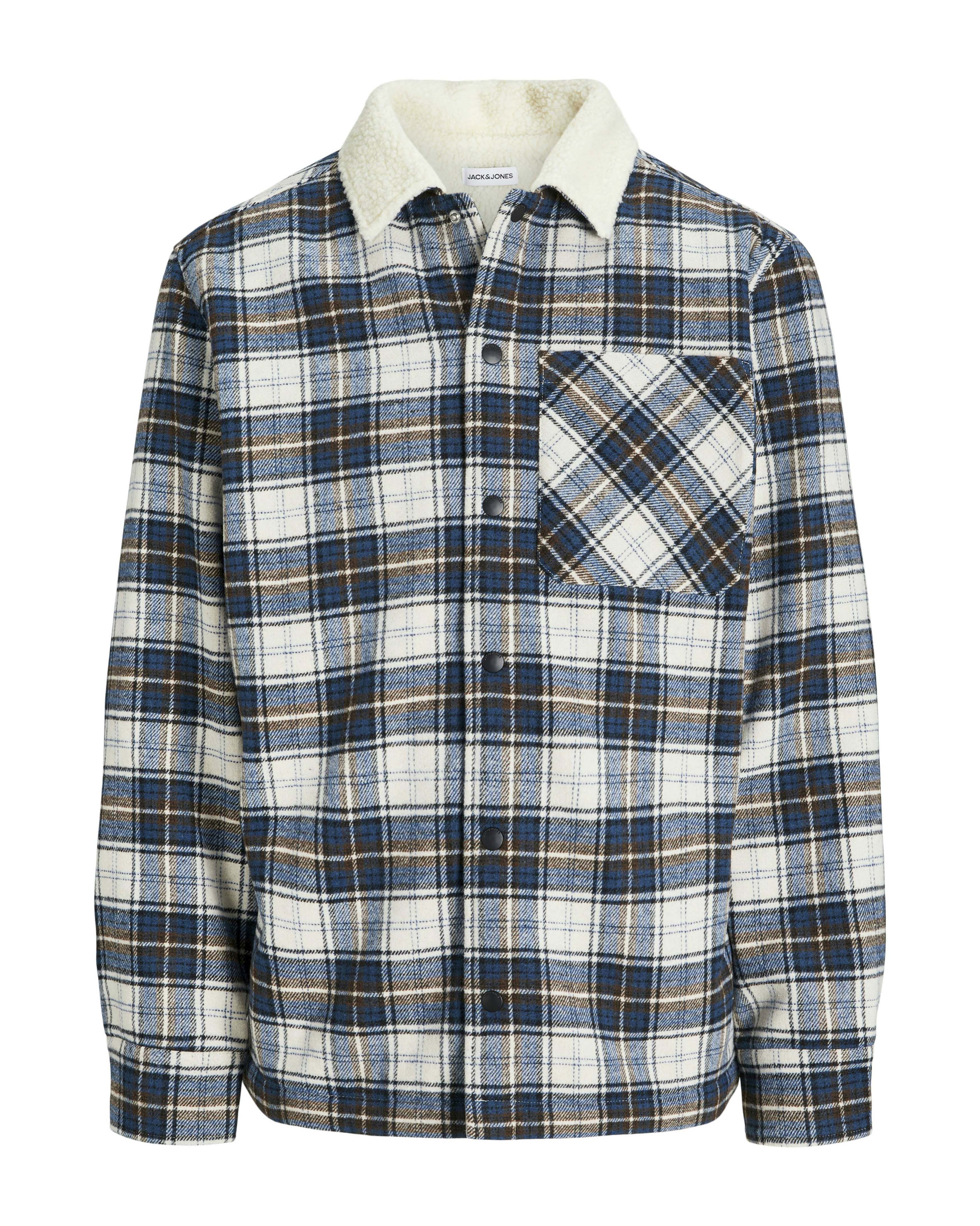 Overshirt Jack & Jones blu e bianca a quadri con colletto in pelliccia sintetica e maxi taschino