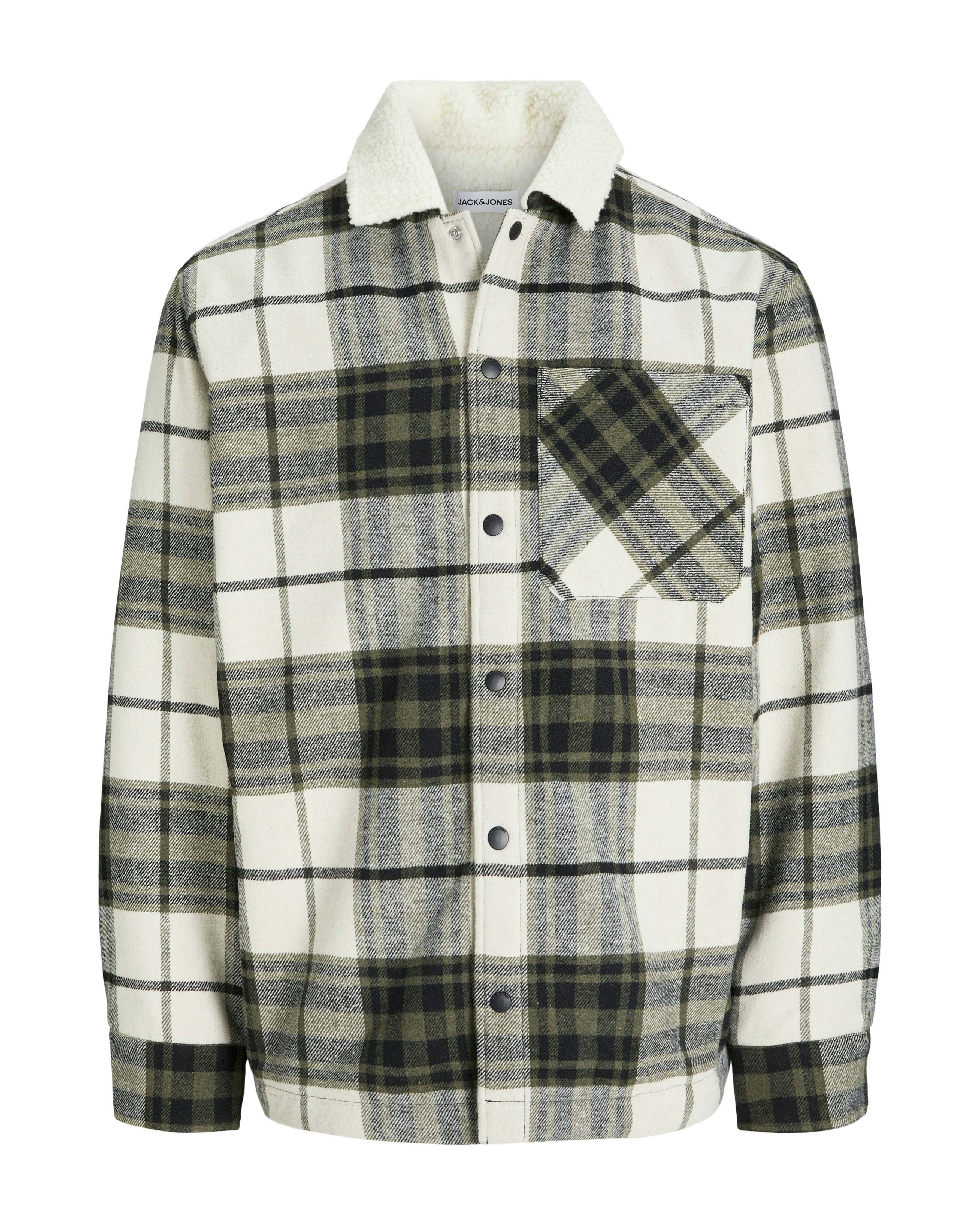 Overshirt Jack & Jones verde militare e panna con motivo check e collo in sherpa