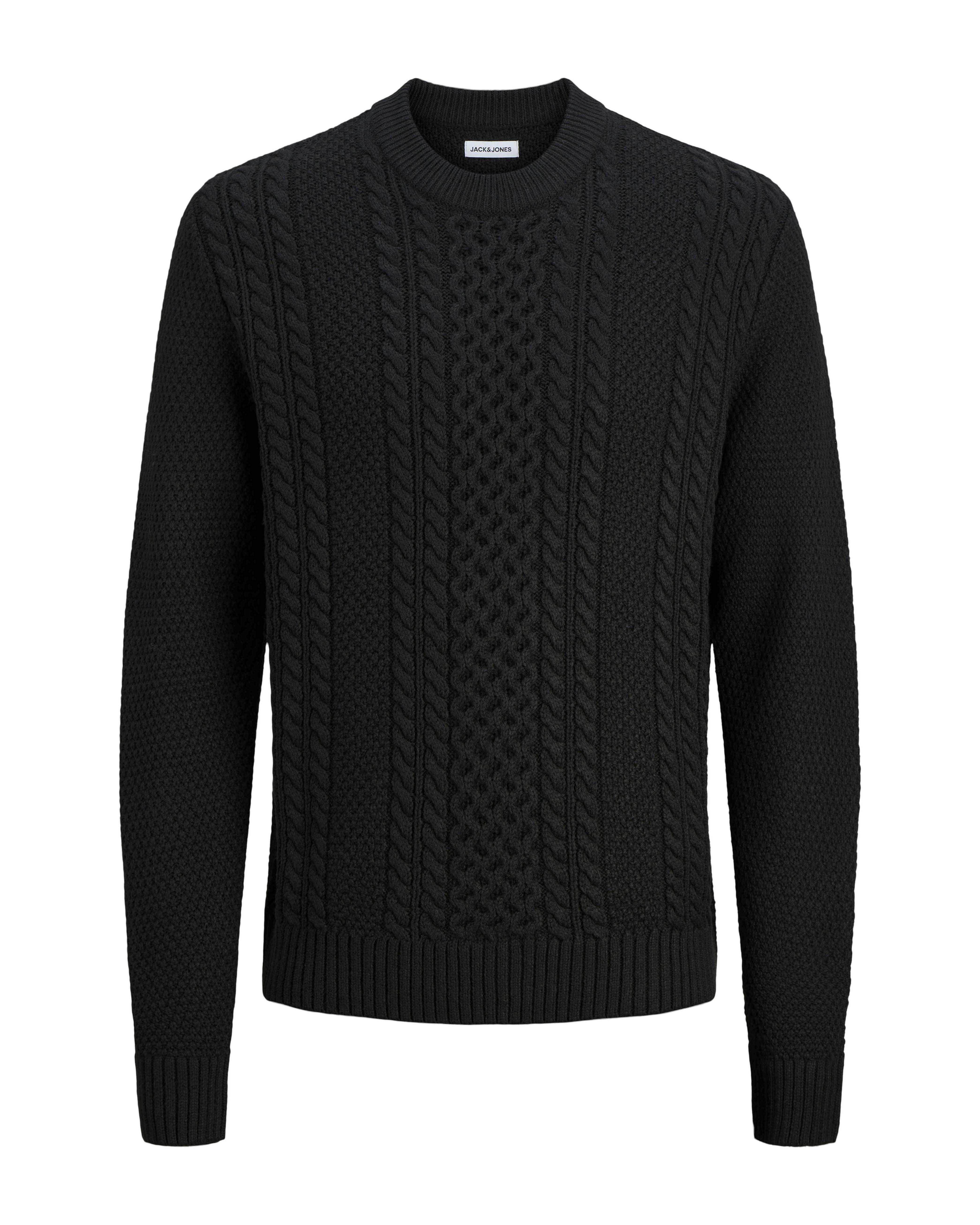 Maglione girocollo Jack & Jones nero in misto cotone e viscosa con lavorazione a trecce