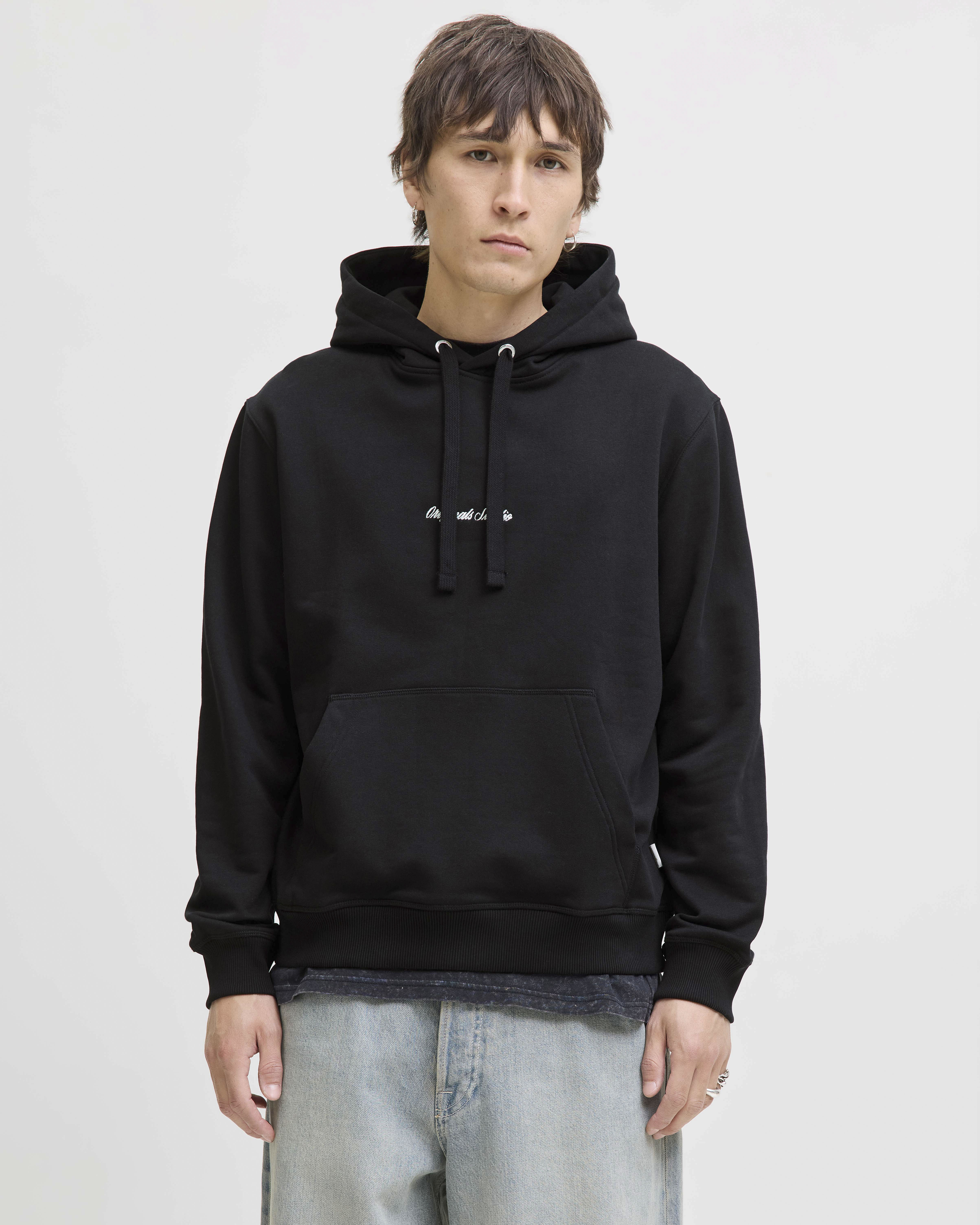 Felpa con cappuccio nera in misto cotone con logo ricamato frontale
