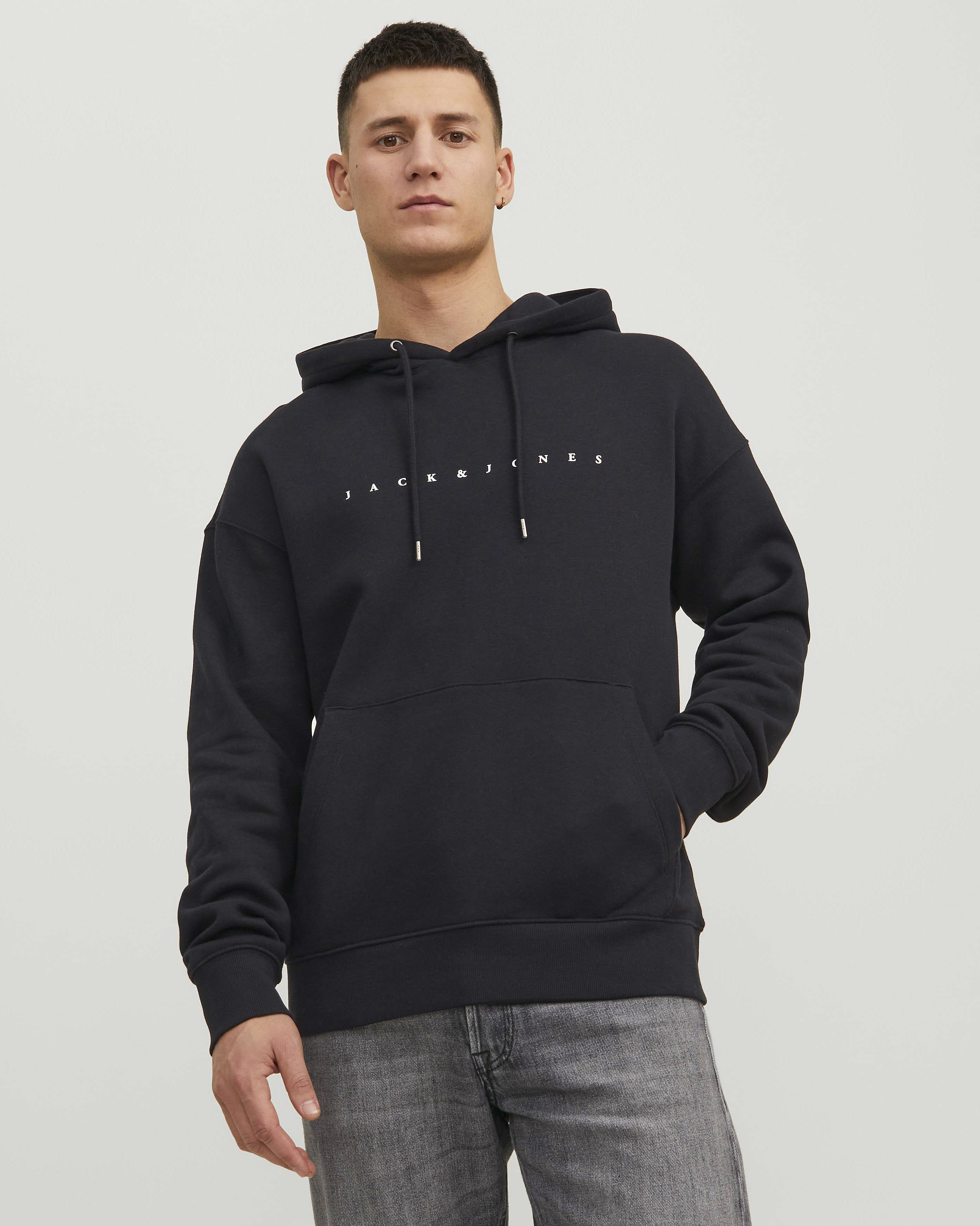 Felpa con cappuccio Jack & Jones nera in misto cotone con logo ricamato frontale