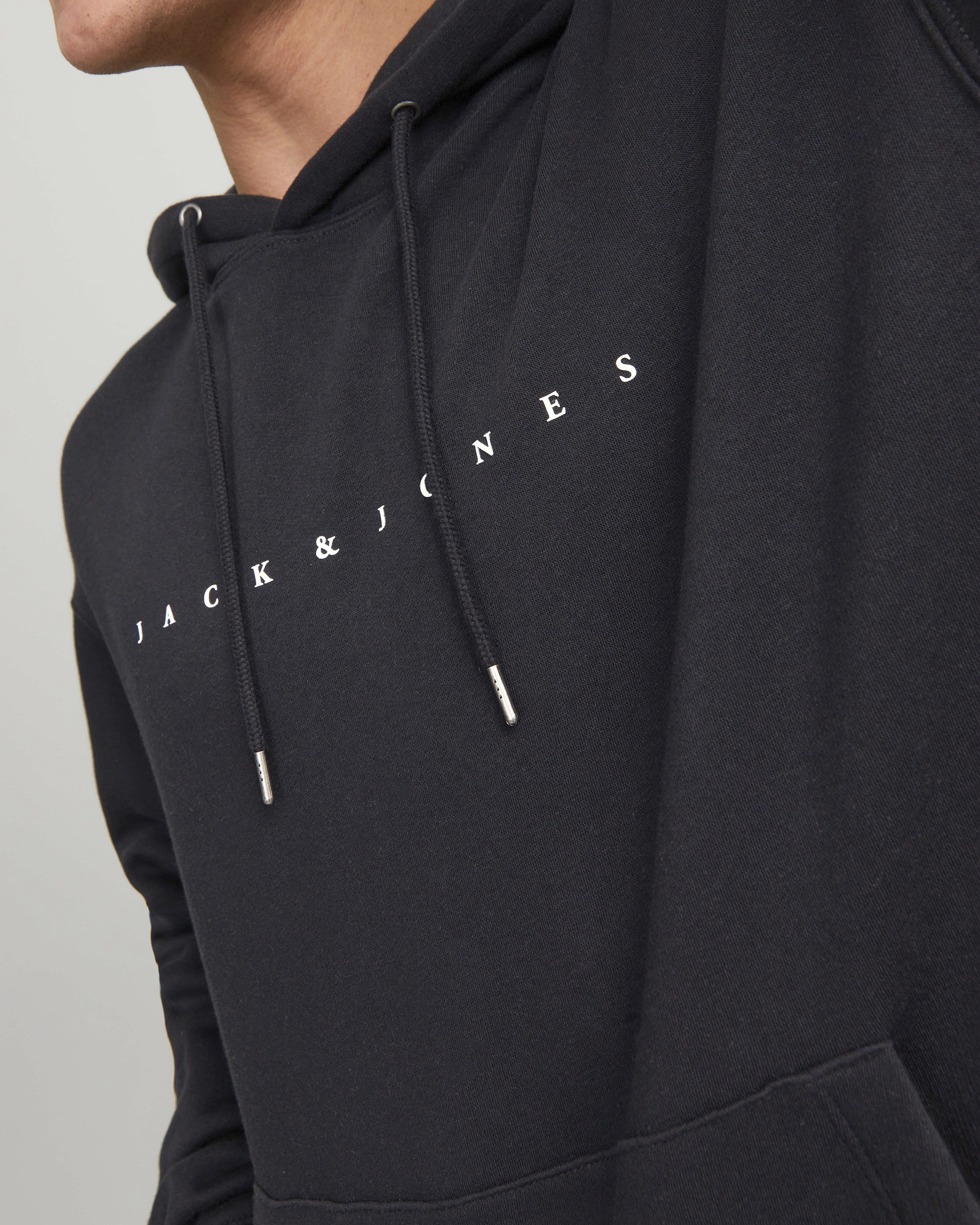 Felpa con cappuccio Jack & Jones nera in misto cotone con logo ricamato frontale image