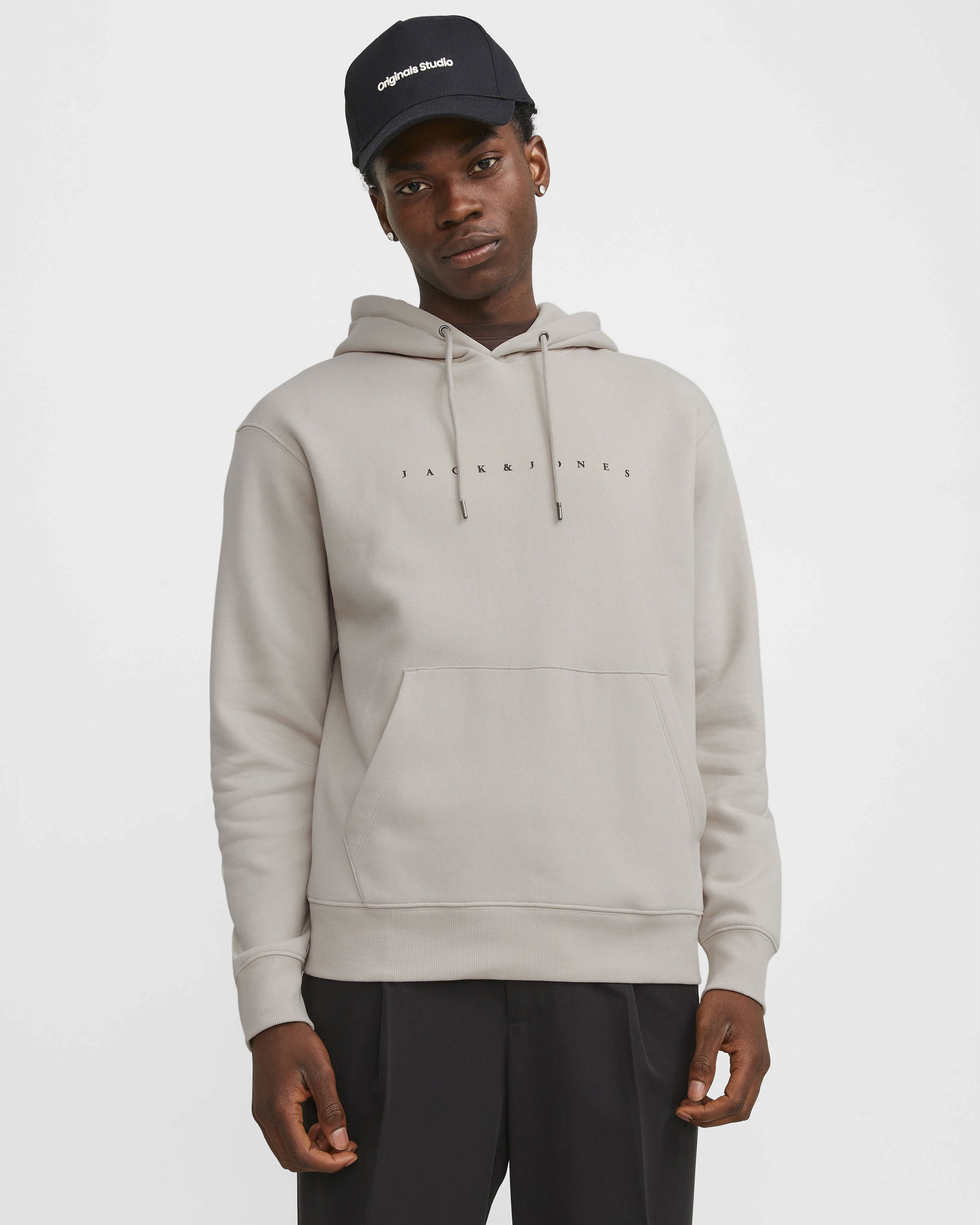 Felpa con cappuccio Jack & Jones beige in misto cotone con logo ricamato frontale