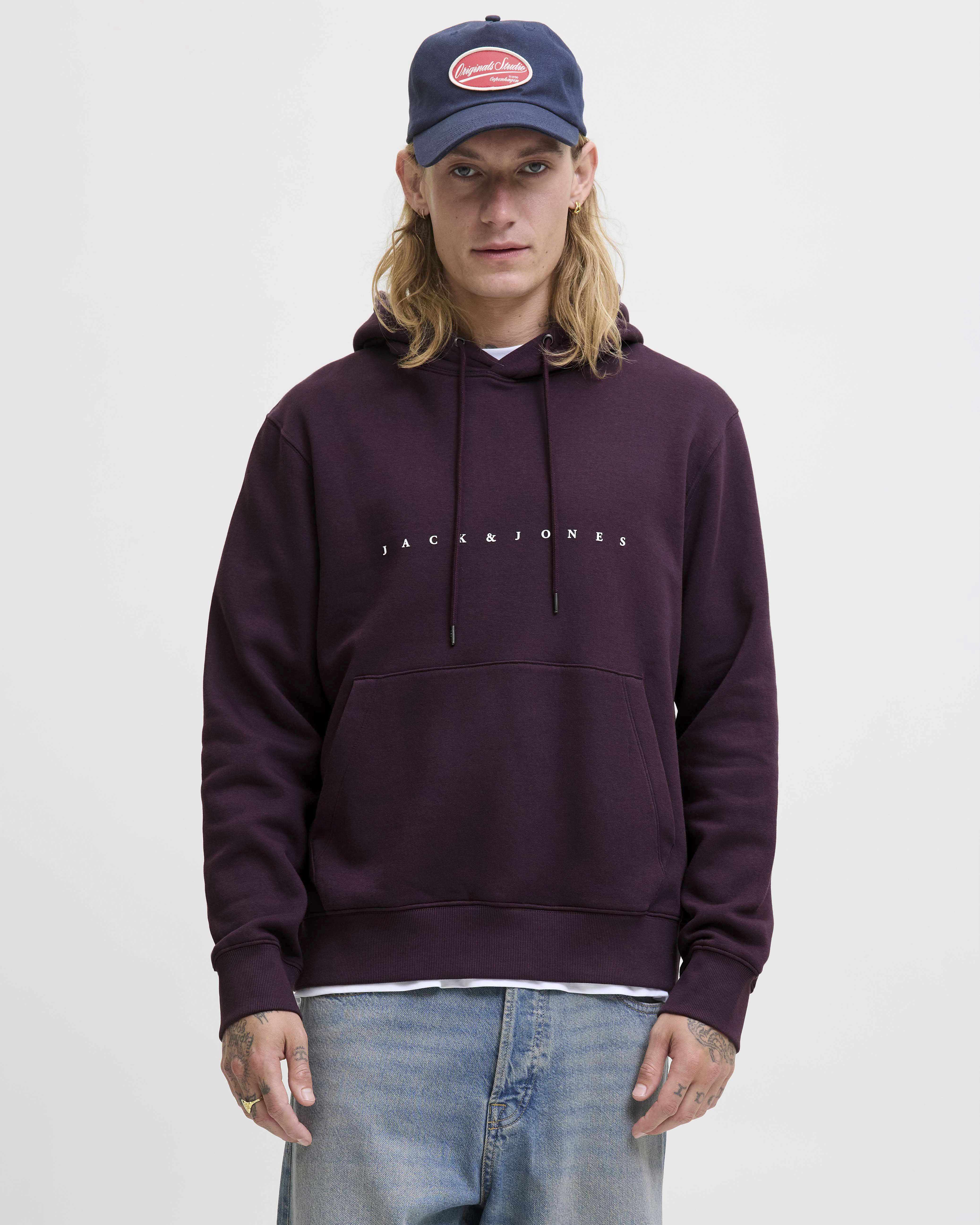 Felpa con cappuccio Jack & Jones viola in misto cotone con logo ricamato frontale