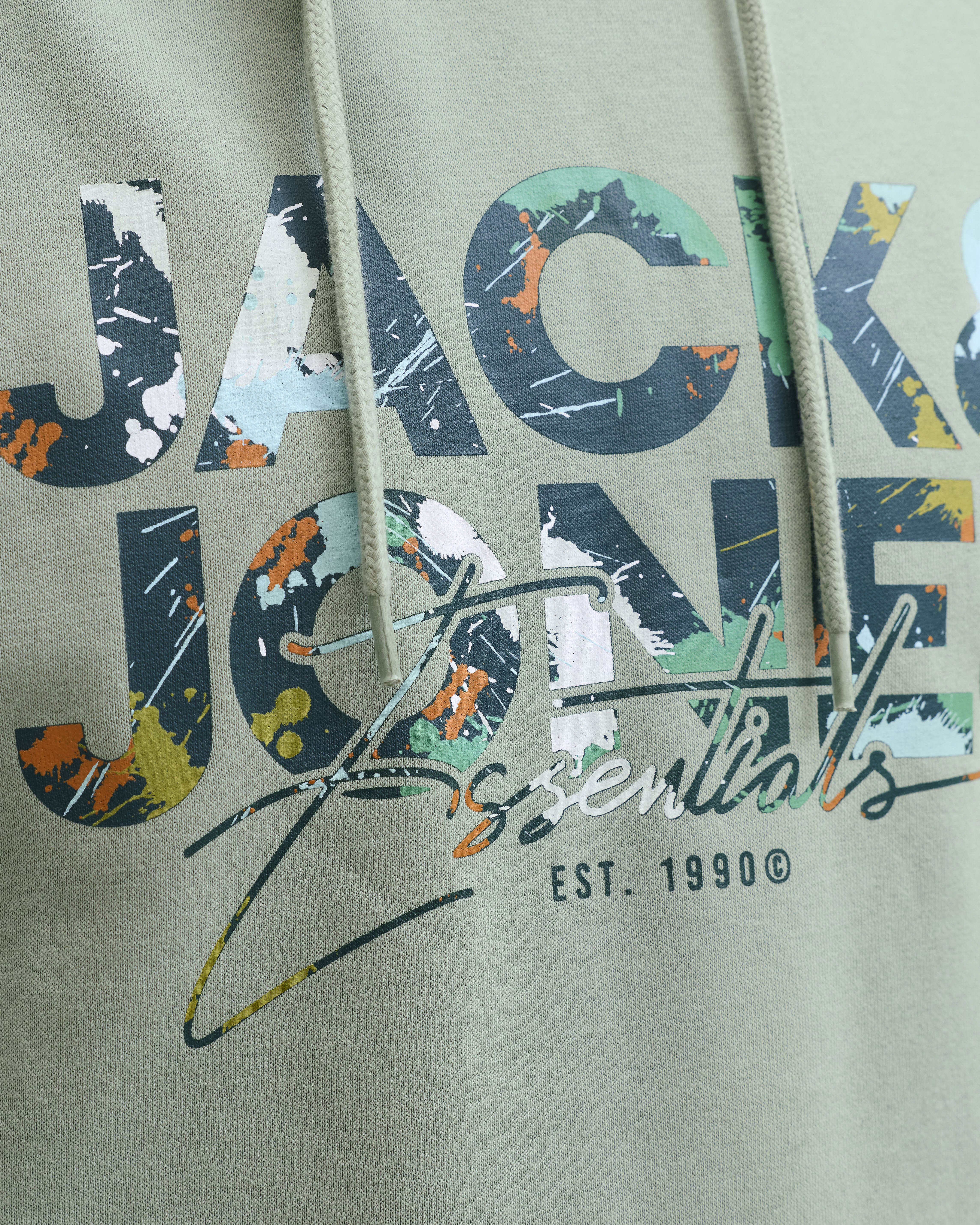 Felpa Jack & Jones verde salvia in misto cotone con logo stampato multicolore e cappuccio image