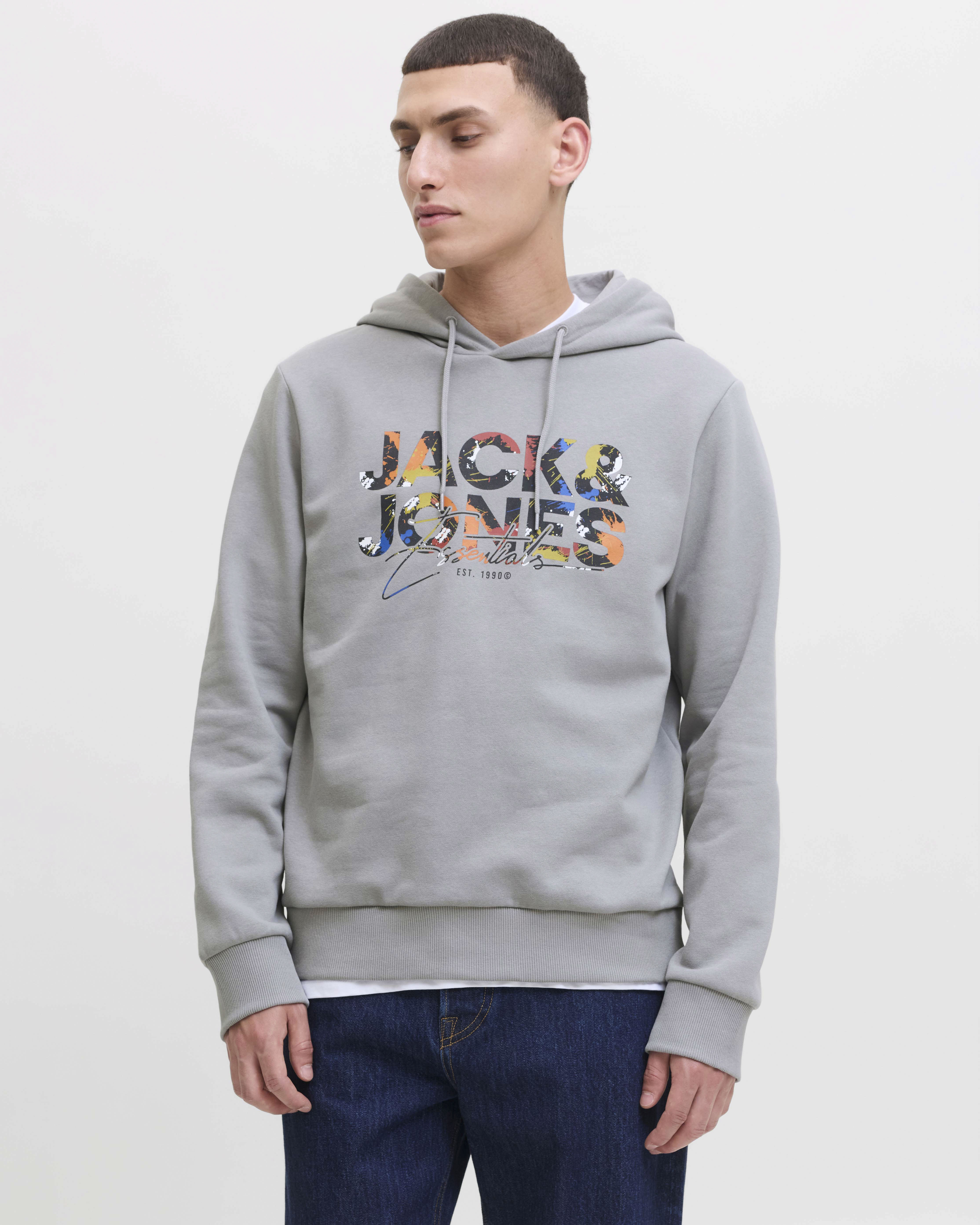 Felpa Jack & Jones grigia in misto cotone con logo stampato multicolore e cappuccio