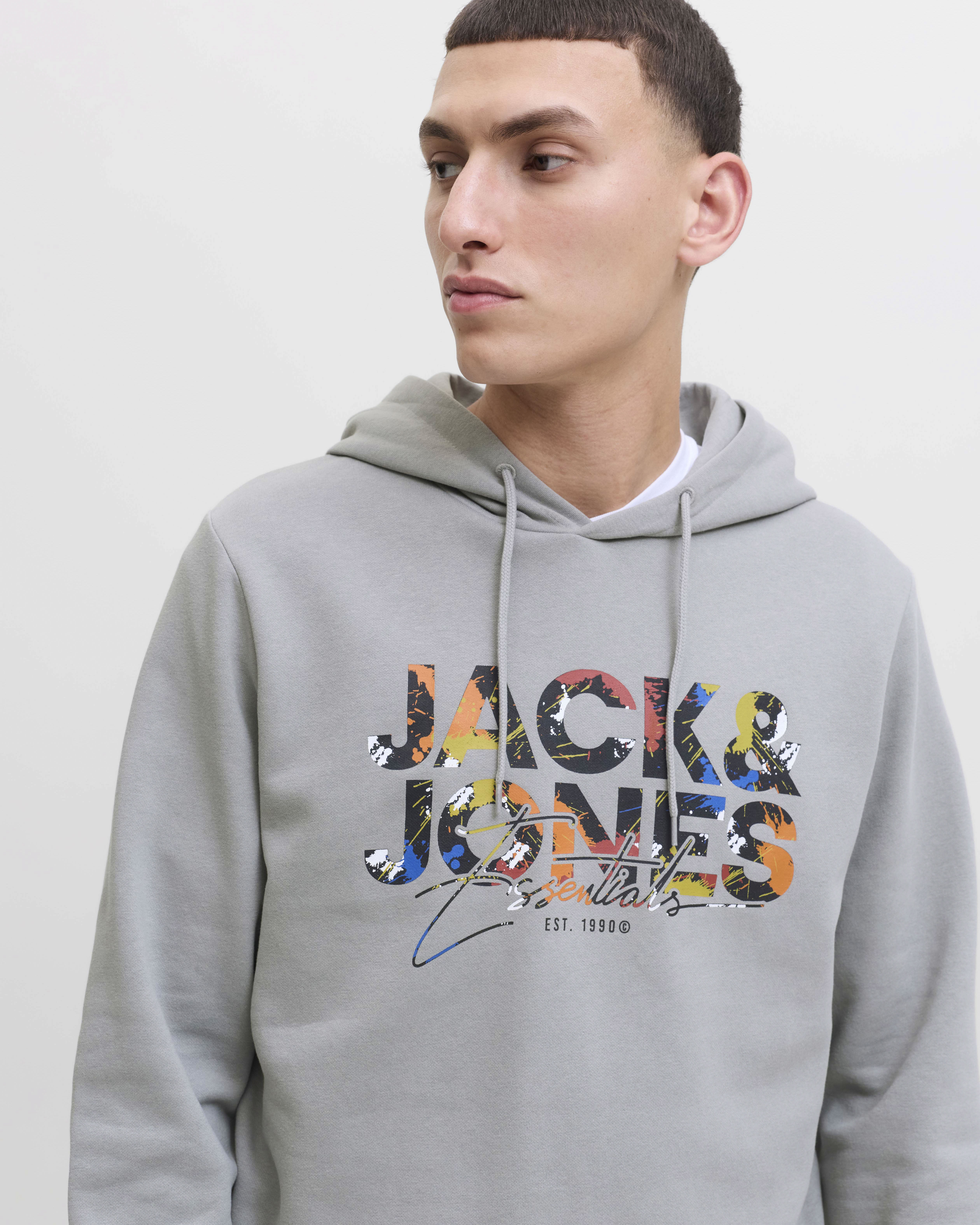 Felpa Jack & Jones grigia in misto cotone con logo stampato multicolore e cappuccio image