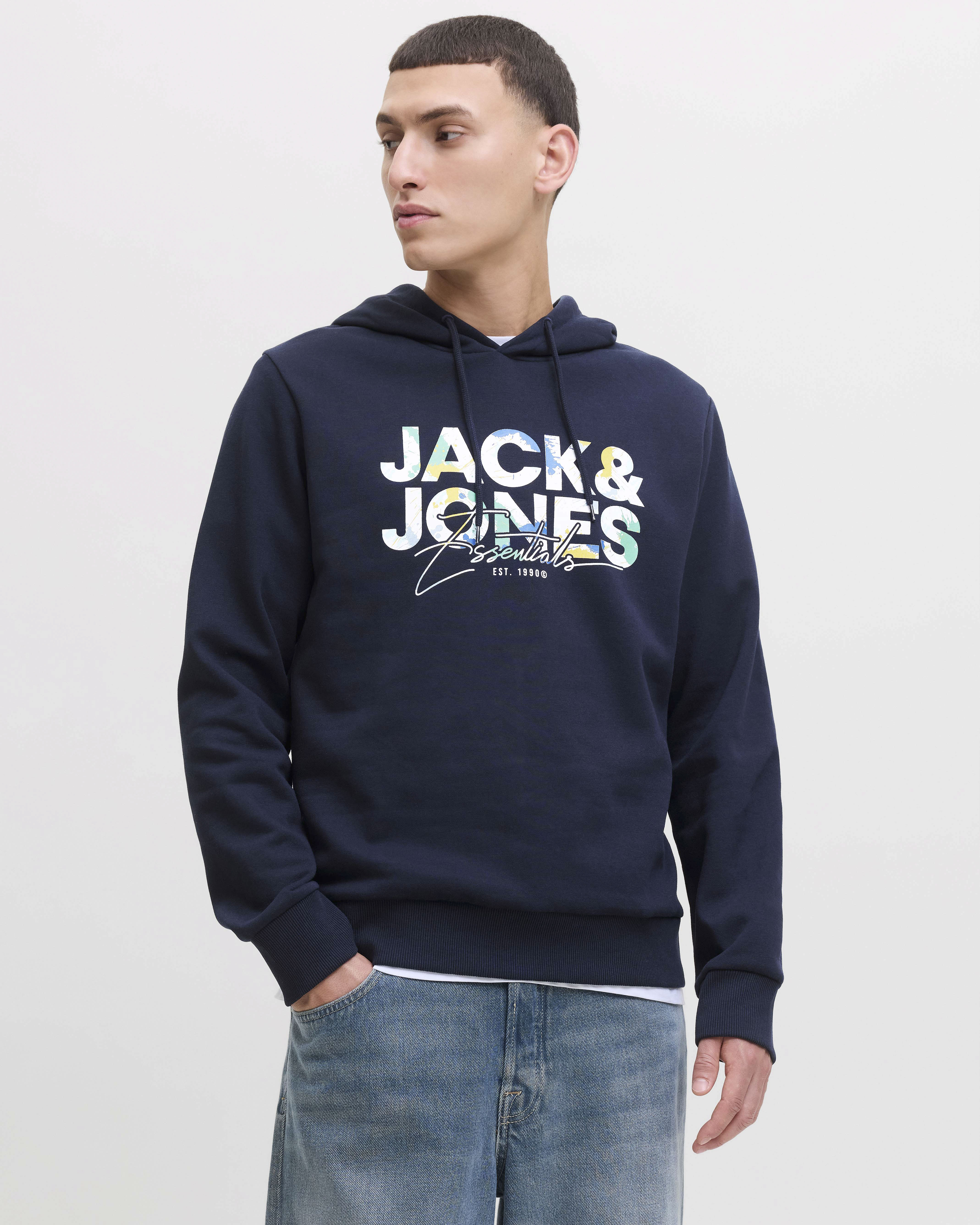 Felpa Jack & Jones blu in misto cotone con logo stampato multicolore e cappuccio