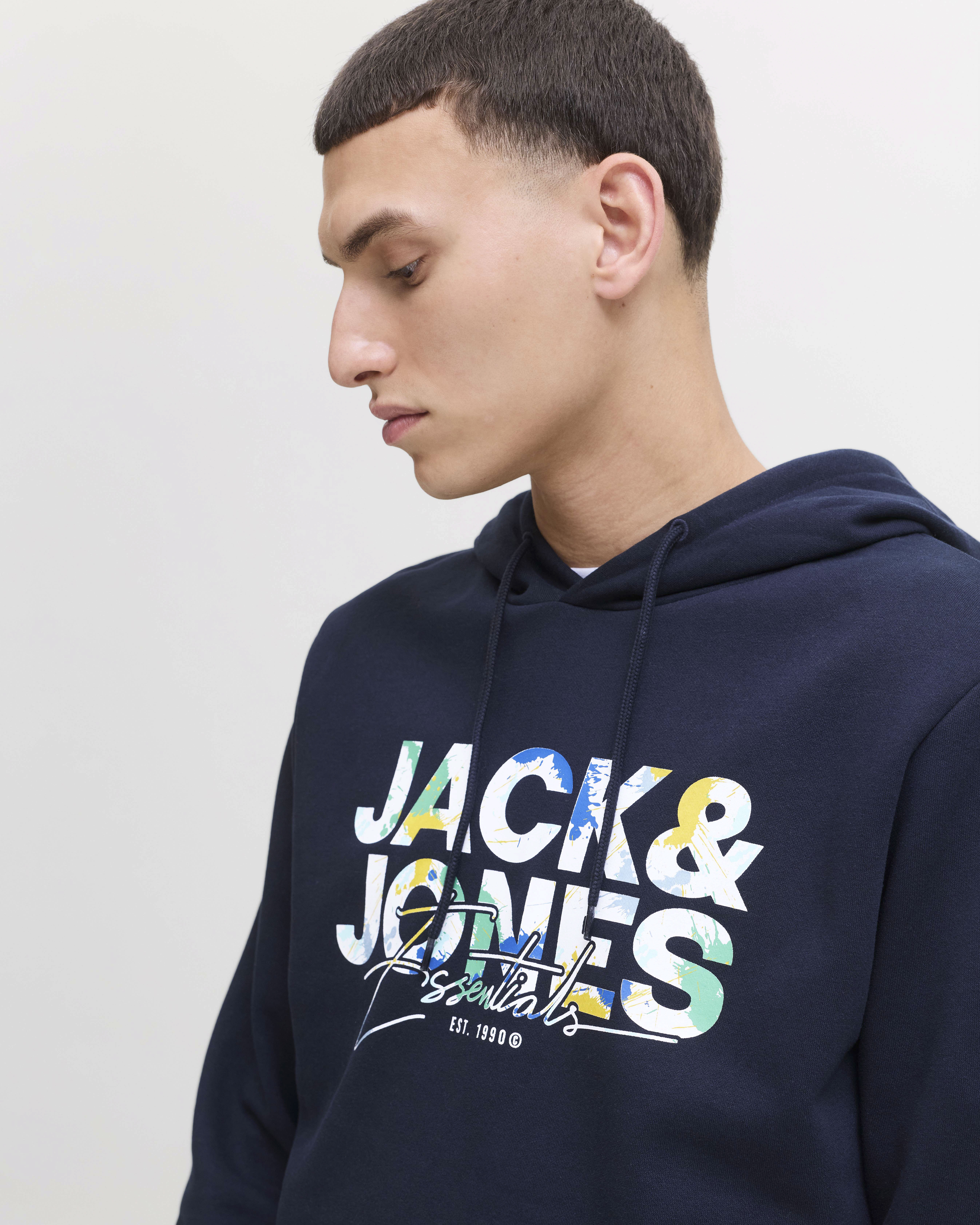 Felpa Jack & Jones blu in misto cotone con logo stampato multicolore e cappuccio image