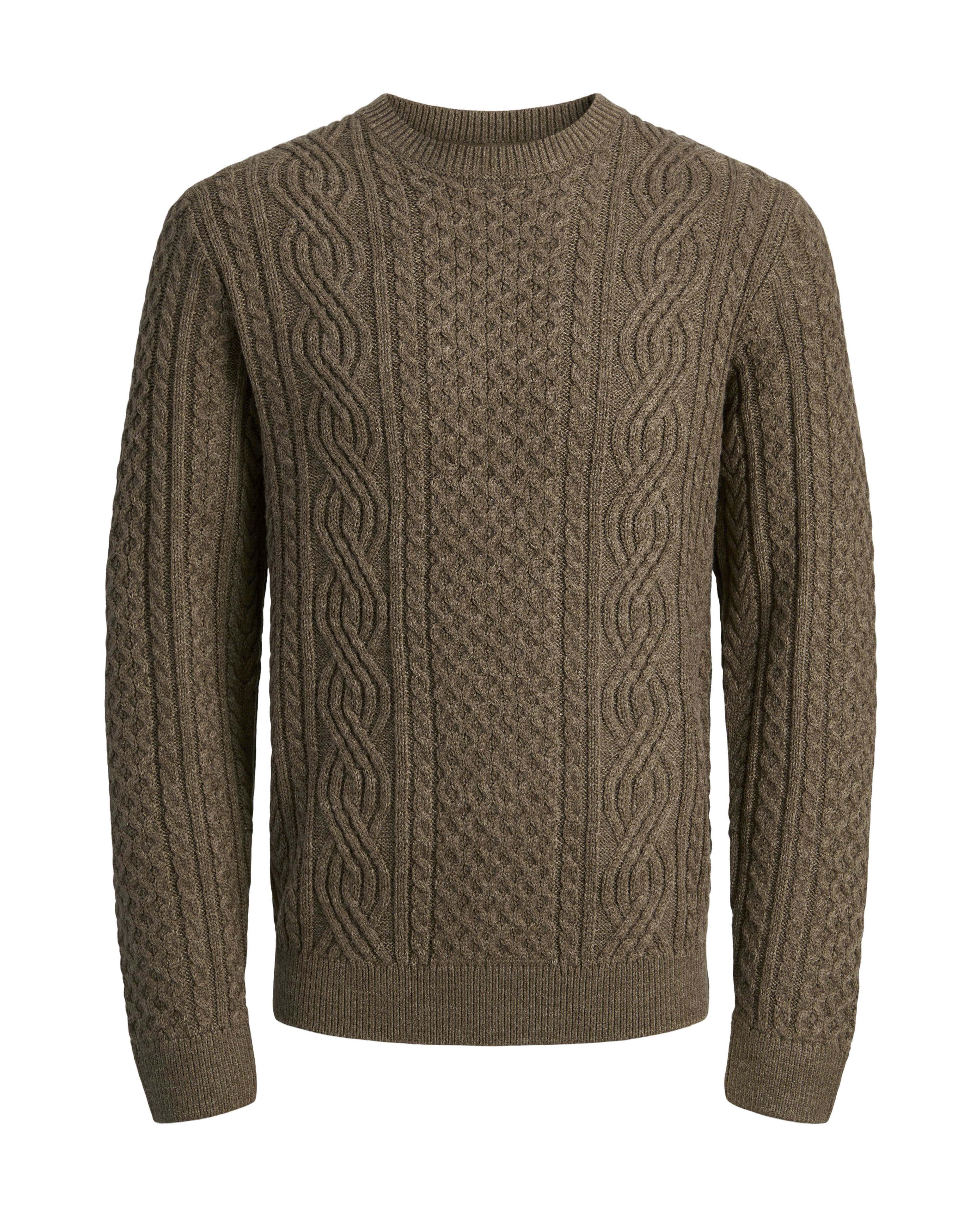 Maglione girocollo marrone in misto cotone con lavorazione a trecce
