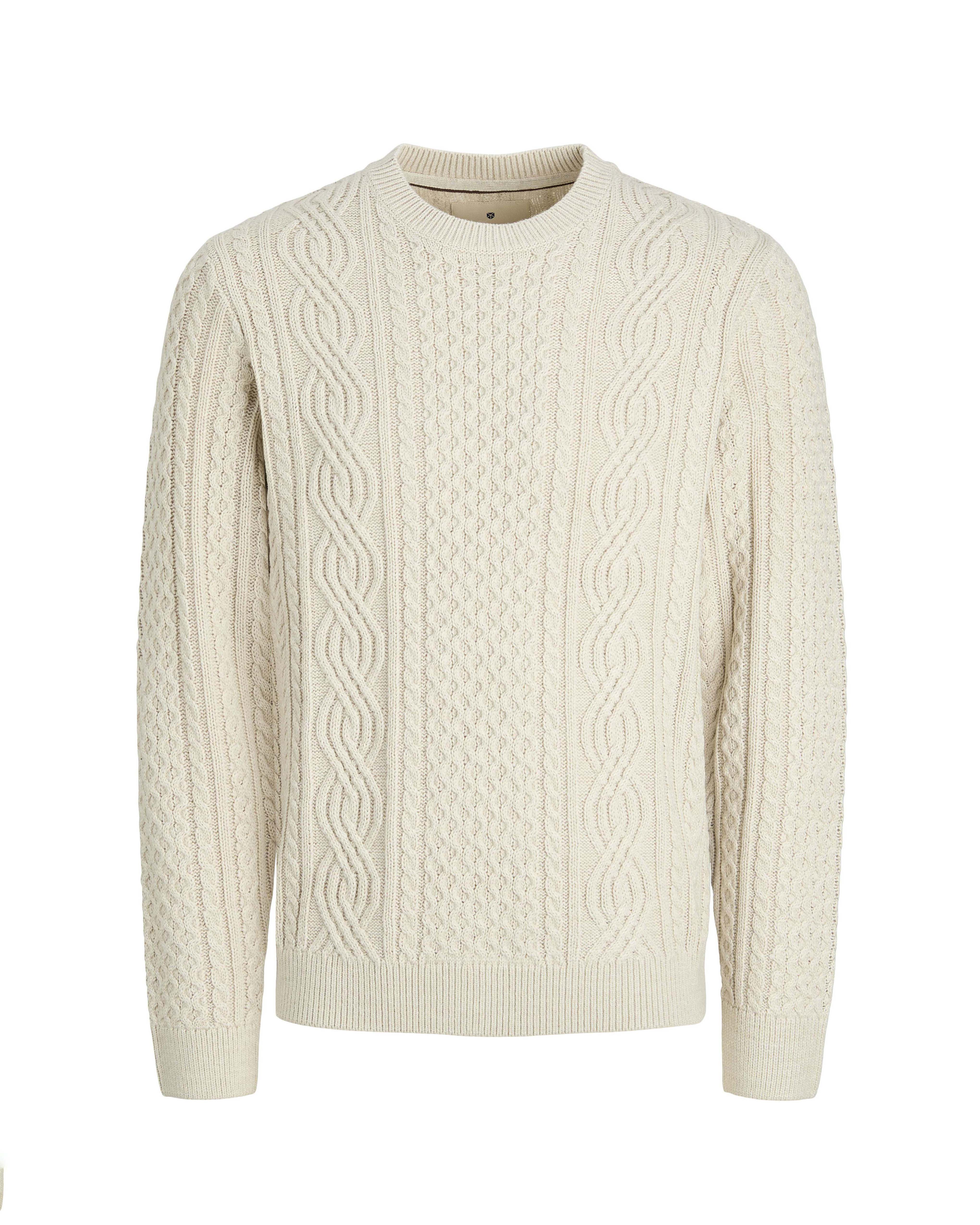 Maglione girocollo Jack & Jones panna in misto cotone con lavorazione a trecce