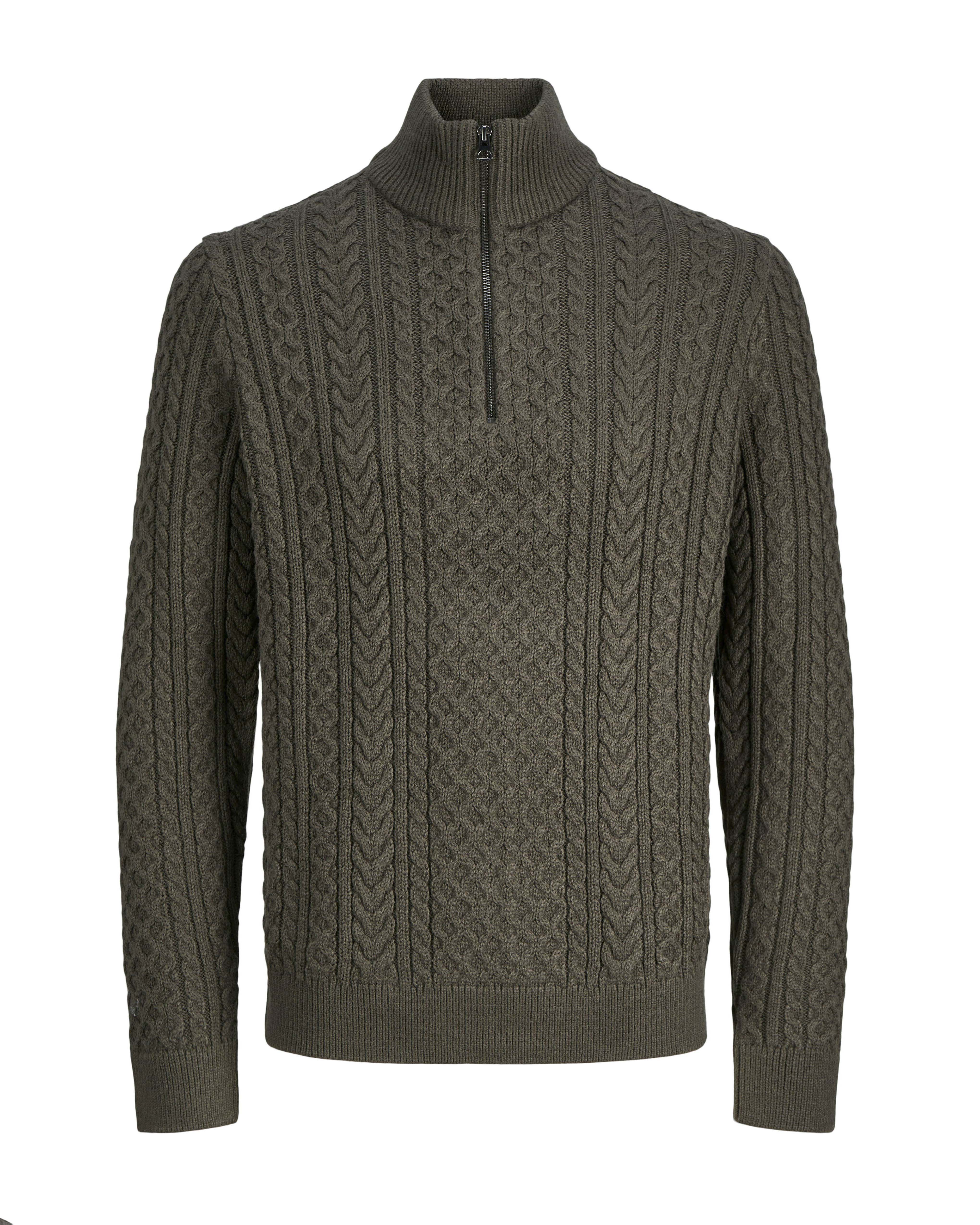 Maglione girocollo verde militare in misto cotone con lavorazione a trecce e apertura a mezza zip