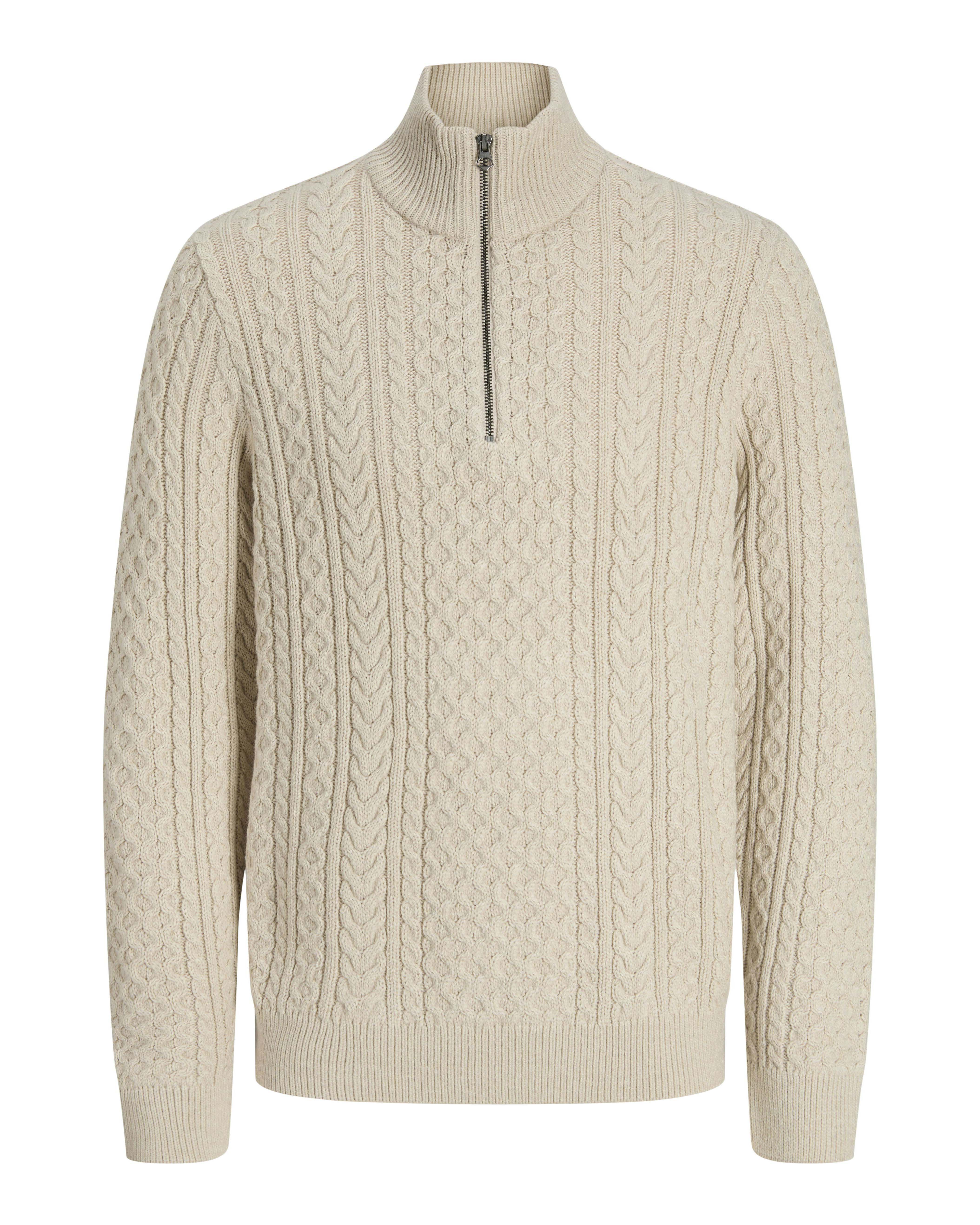 Maglione girocollo panna in misto cotone con lavorazione a trecce e apertura a mezza zip