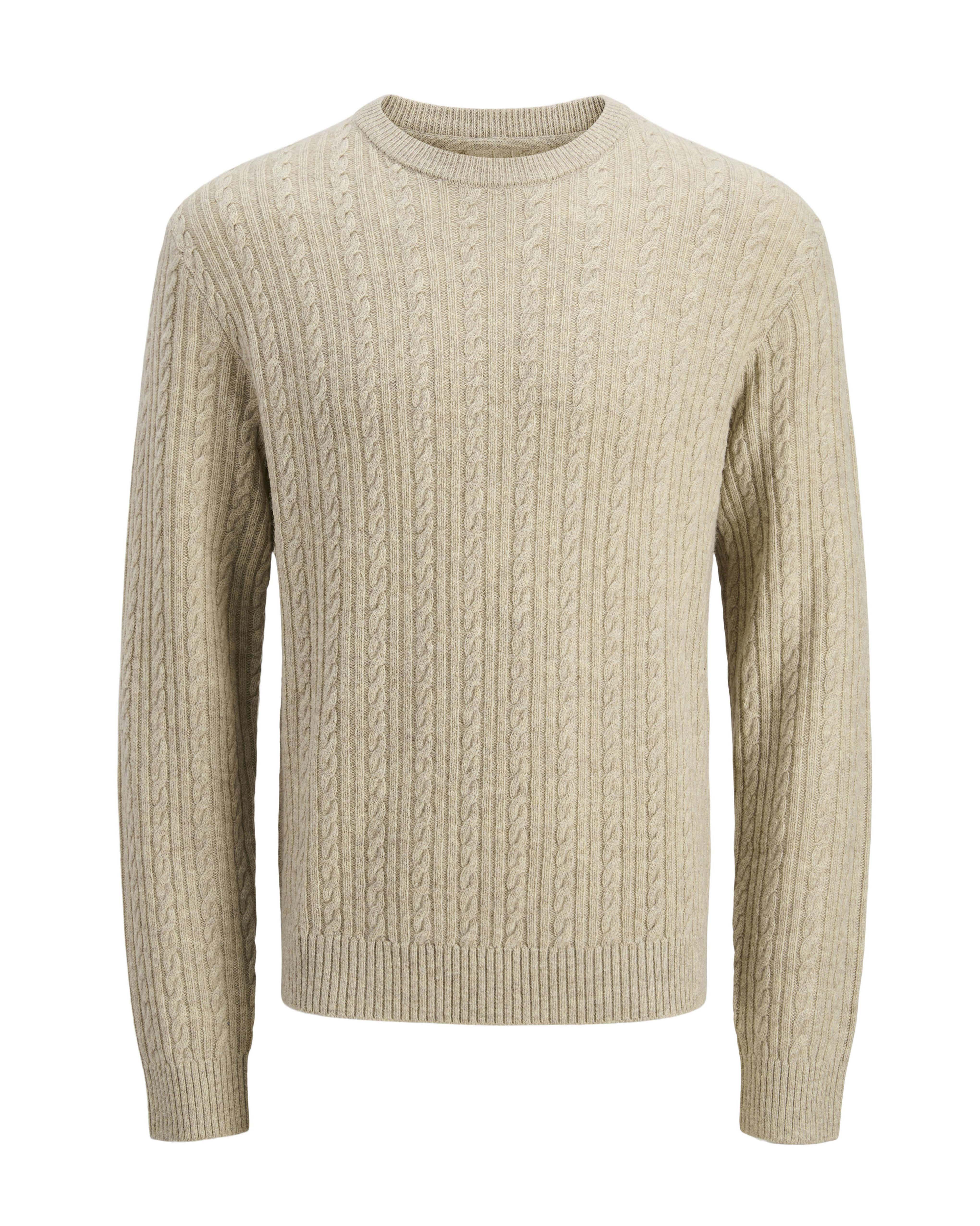 Maglione girocollo beige in lana con lavorazione a trecce