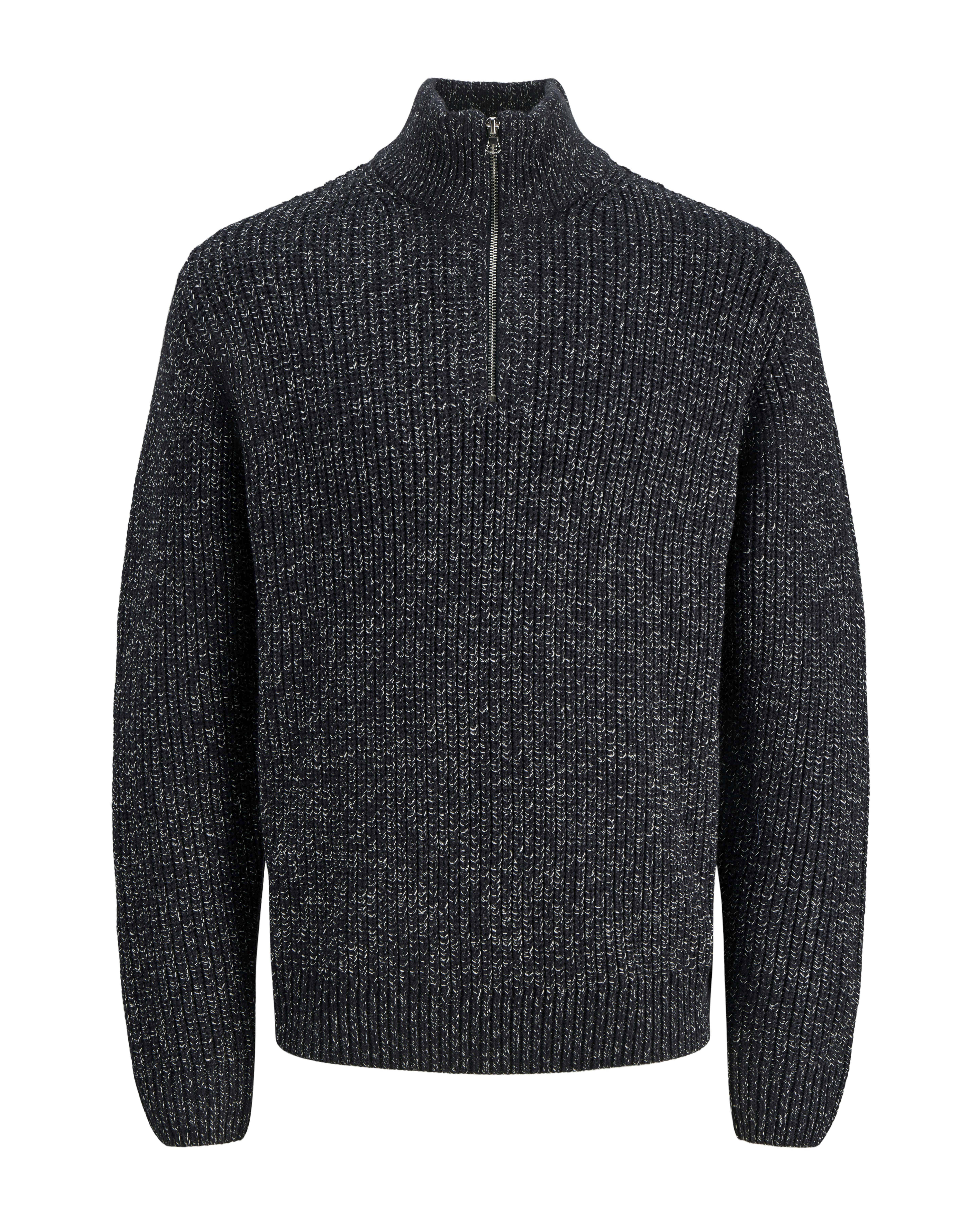 Maglione Jack & Jones blu mélange in misto cotone biologico a coste con apertura a mezza zip