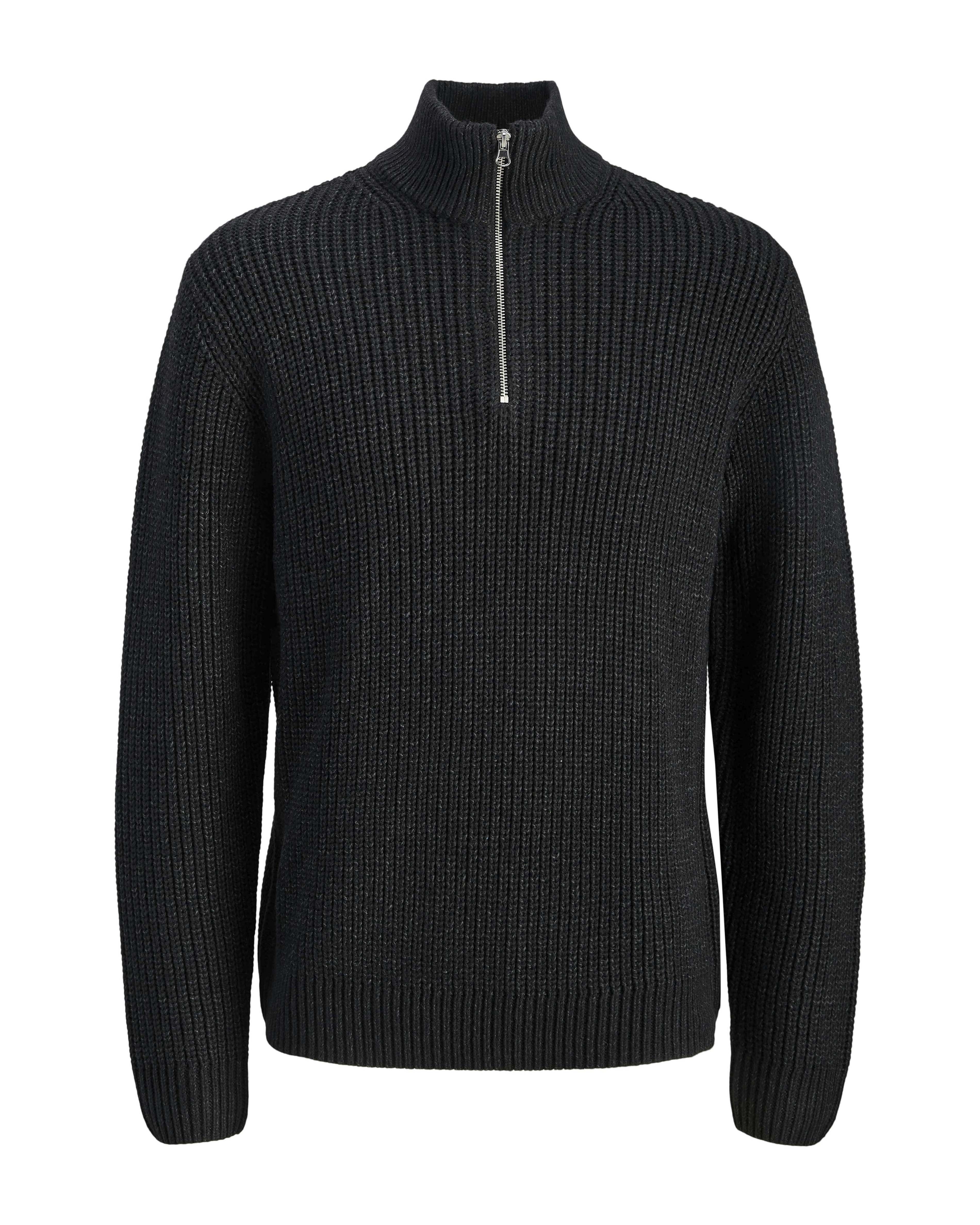 Maglione nero in misto cotone biologico a coste con apertura a mezza zip