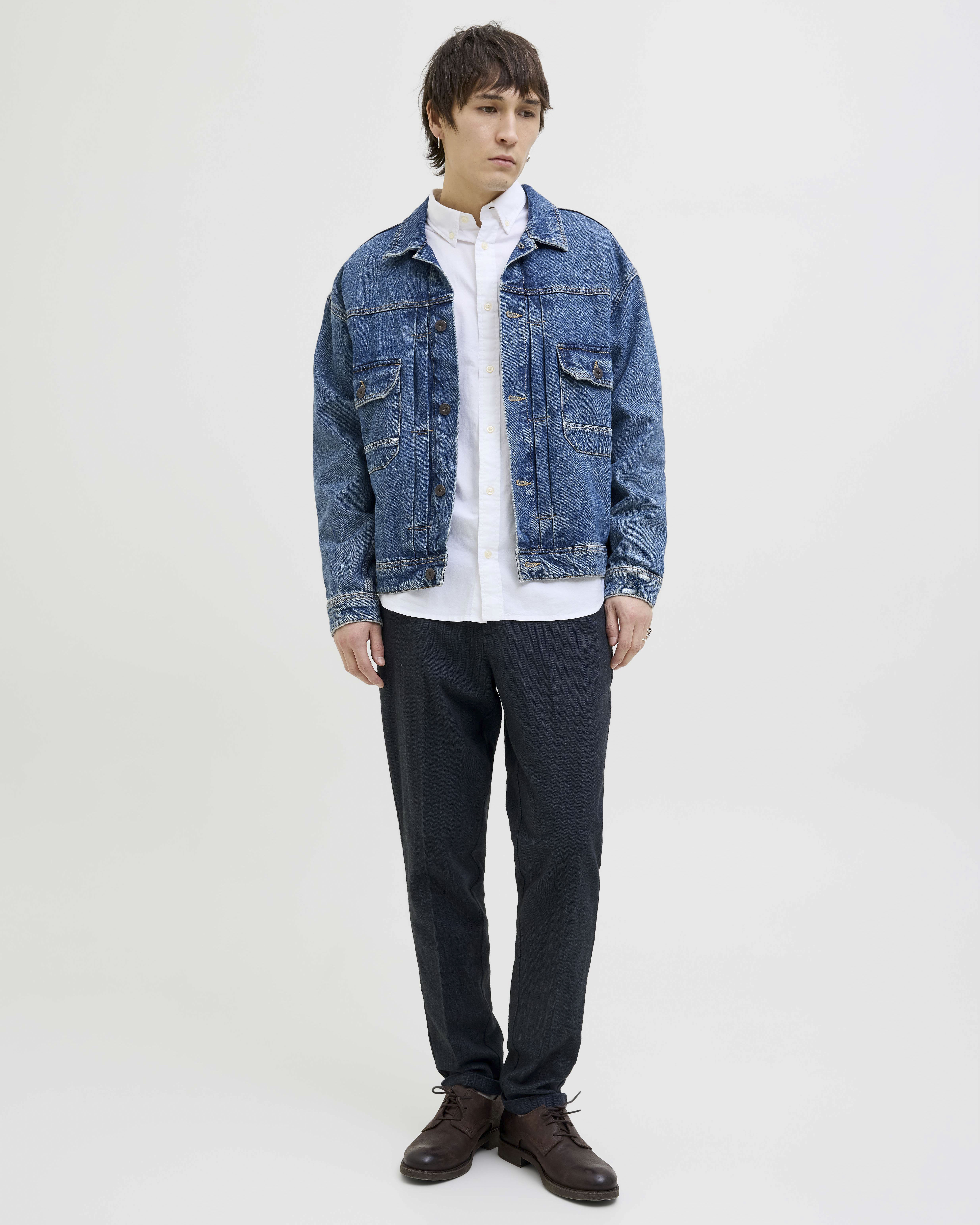 Pantaloni chino Jack & Jones blu in misto cotone a spina di pesce