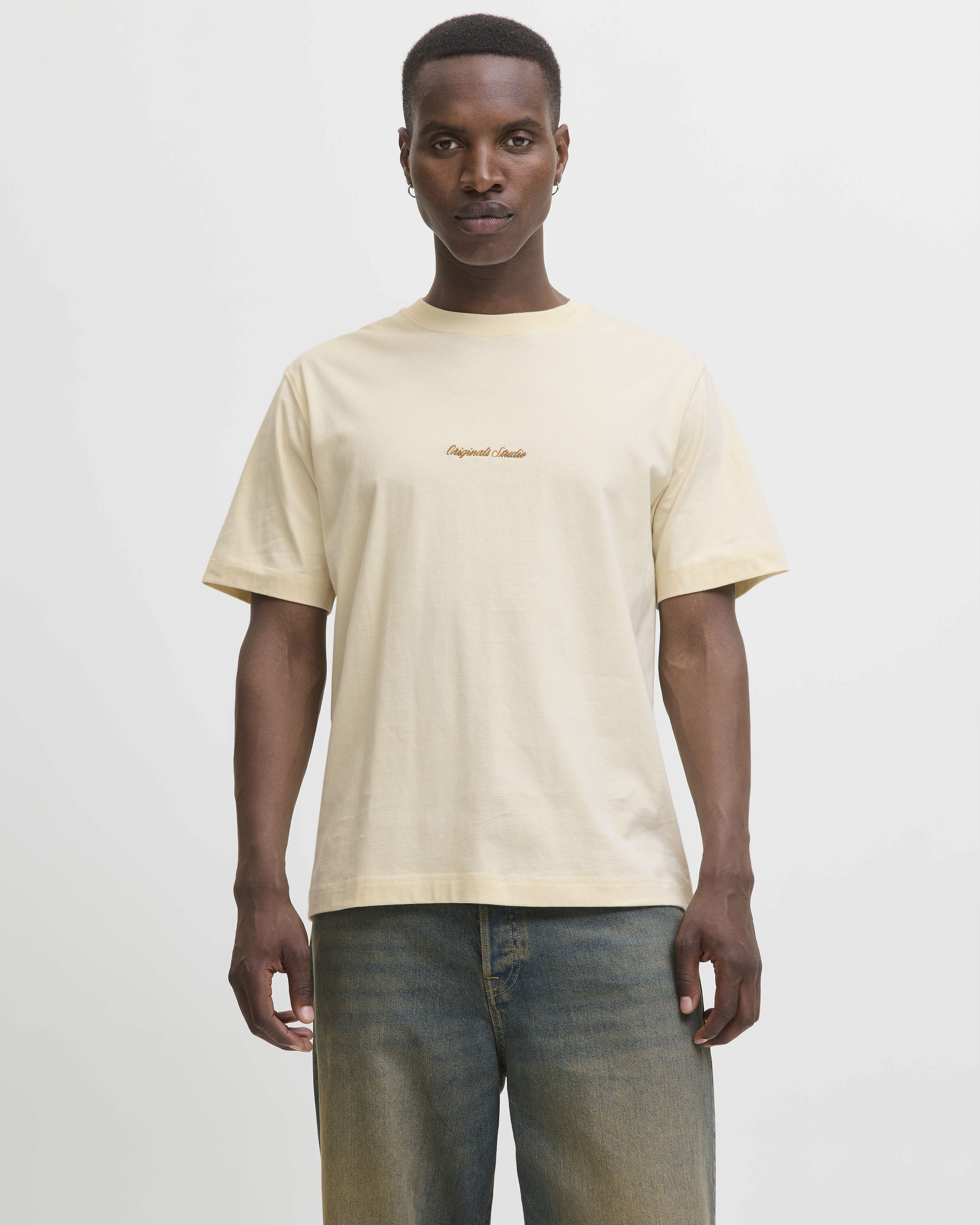 T-shirt Jack & Jones panna in cotone con logo ricamato sul petto