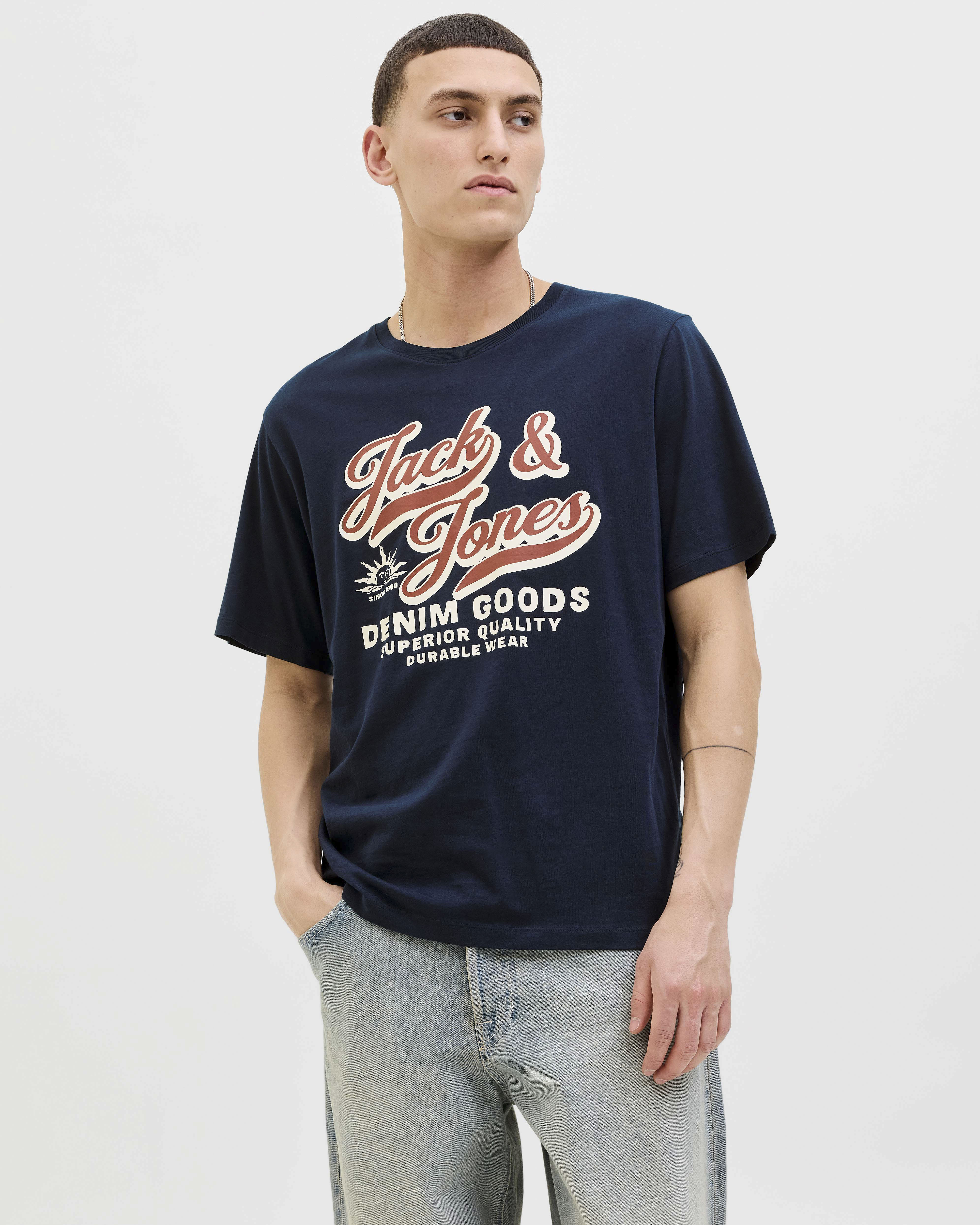 T-shirt blu con stampa logo frontale in cotone