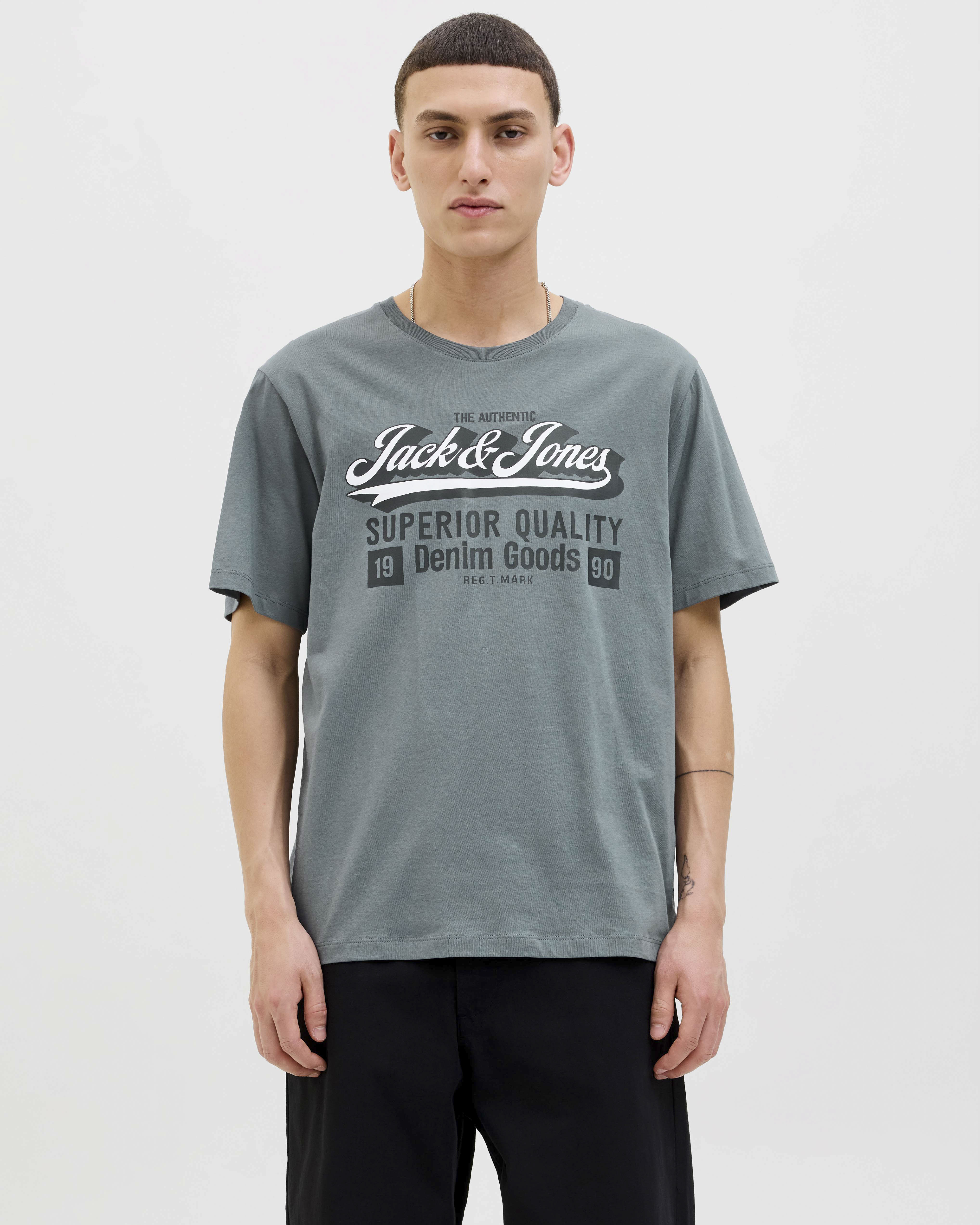 T-shirt mezza manica Jack & Jones grigia in cotone con stampa logo frontale