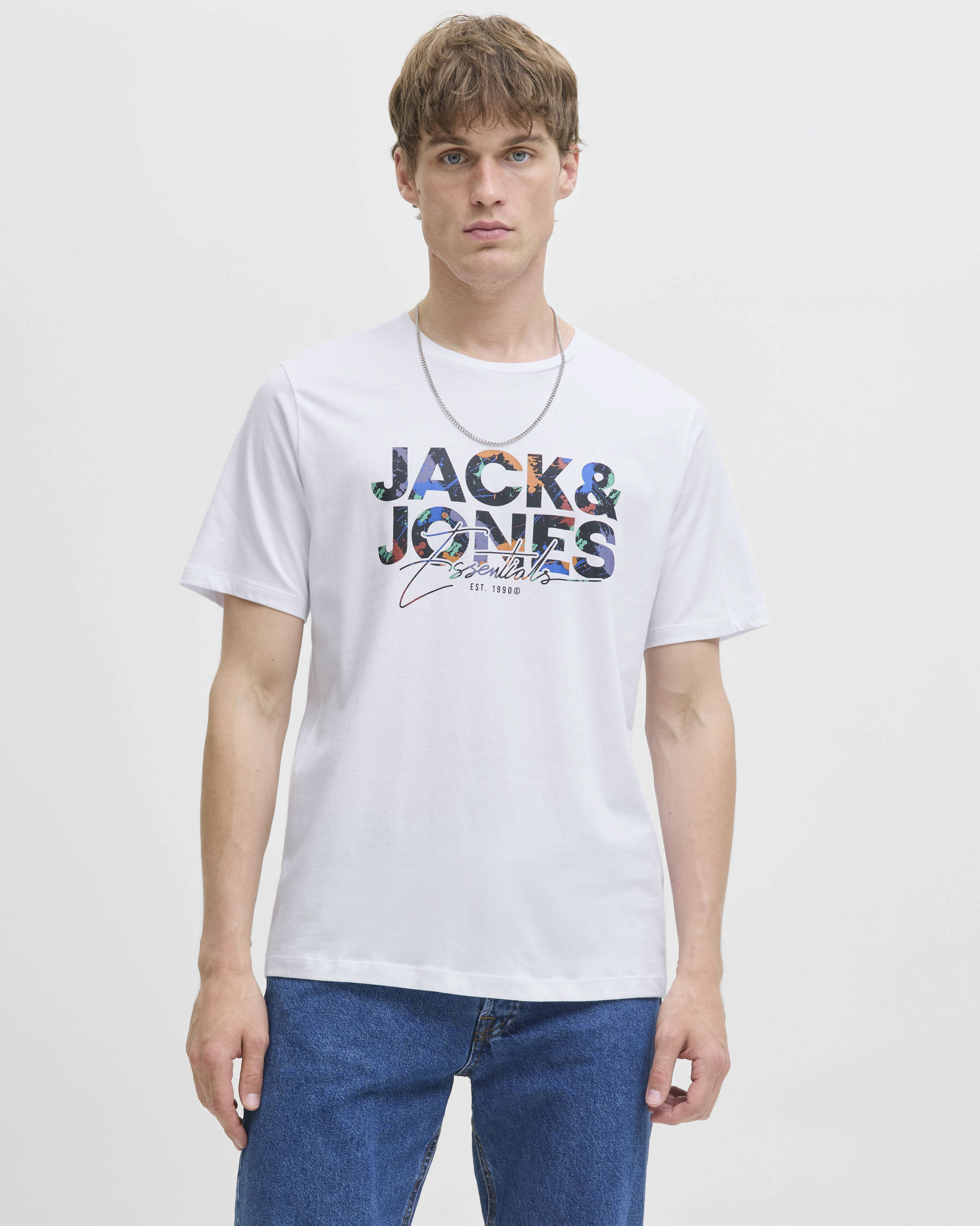 T-shirt bianca in cotone con stampa logo multicolore frontale